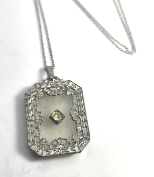 Camphor glass rhodium plated filigree vintage pendant necklace