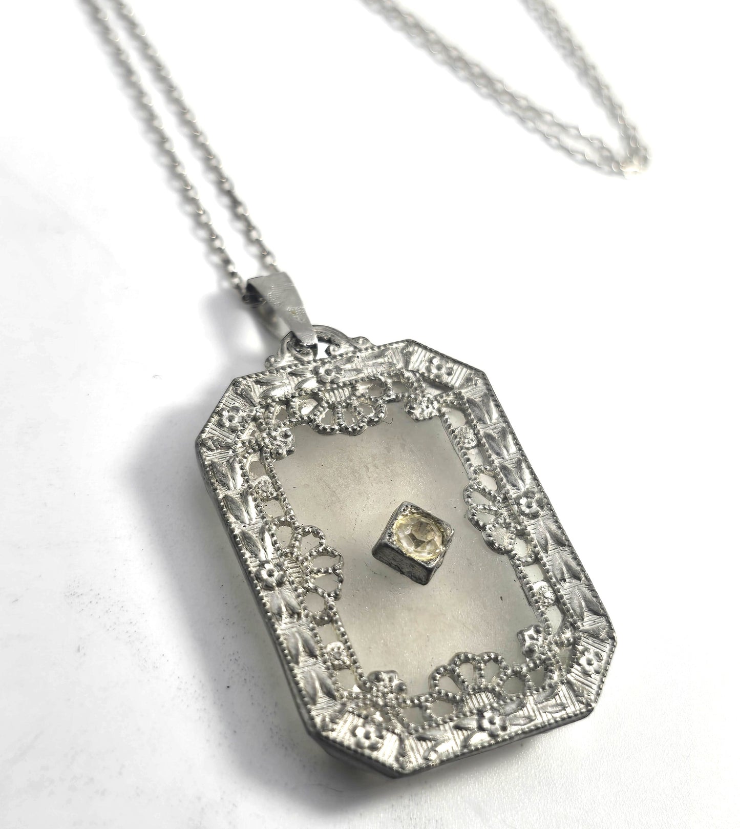 Camphor glass rhodium plated filigree vintage pendant necklace