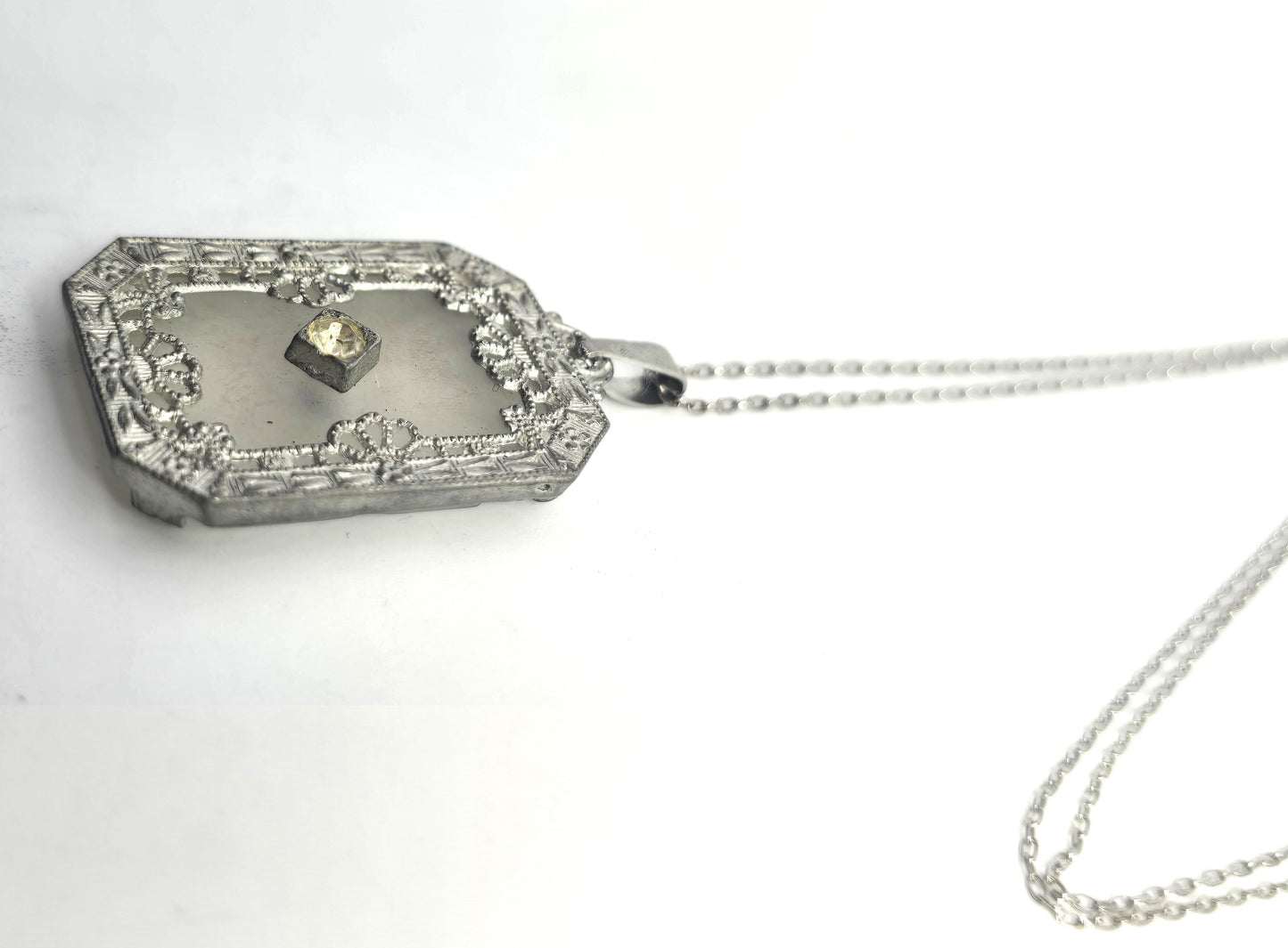 Camphor glass rhodium plated filigree vintage pendant necklace