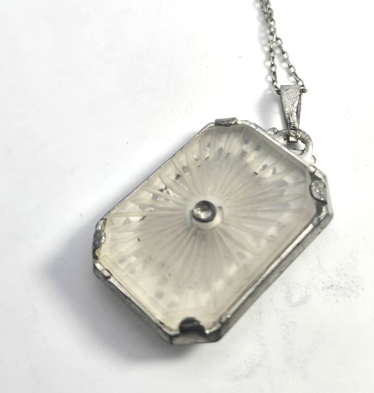 Camphor glass rhodium plated filigree vintage pendant necklace