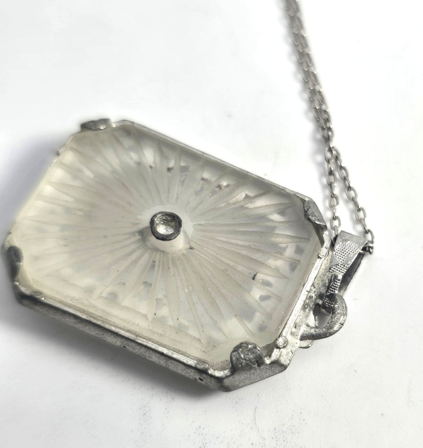 Camphor glass rhodium plated filigree vintage pendant necklace