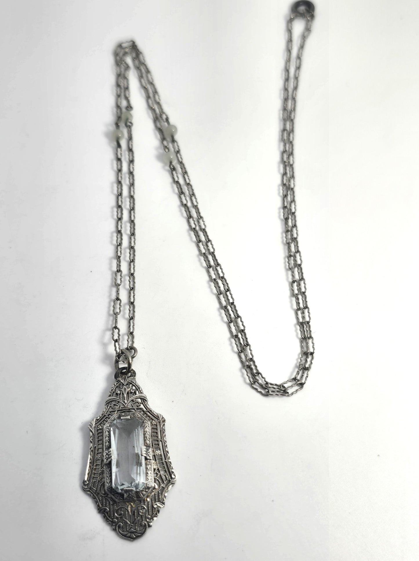 Art Deco Blue topaz filigree antique sterling silver filigree pendant on paperclip chain