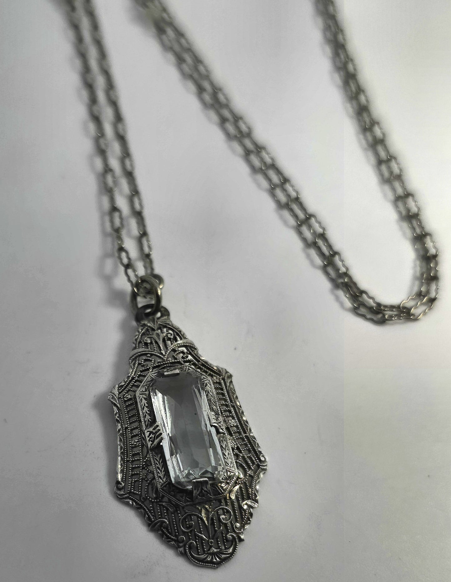 Art Deco Blue topaz filigree antique sterling silver filigree pendant on paperclip chain