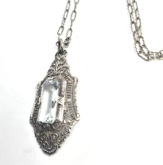 Art Deco Blue topaz filigree antique sterling silver filigree pendant on paperclip chain