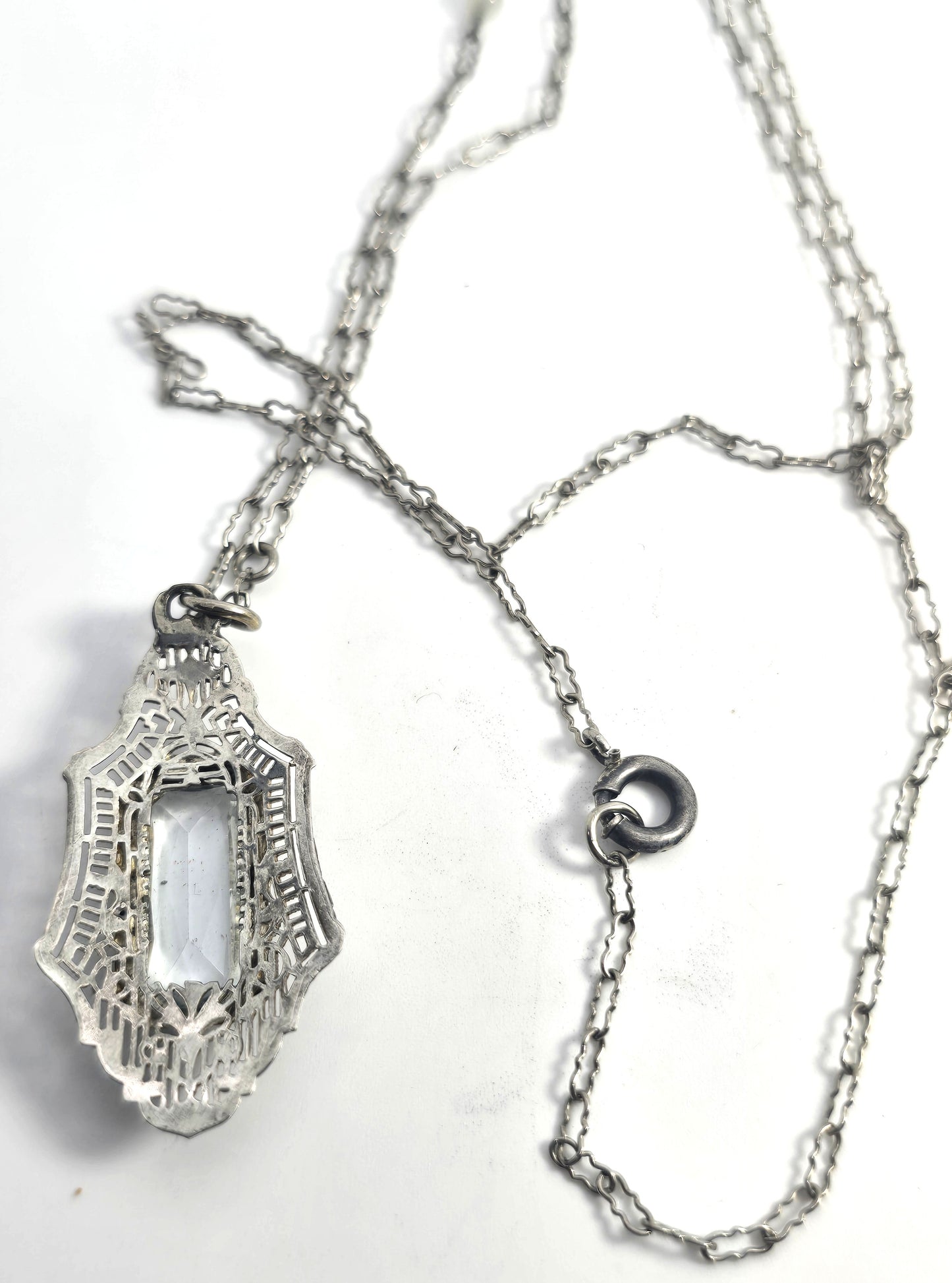 Art Deco Blue topaz filigree antique sterling silver filigree pendant on paperclip chain
