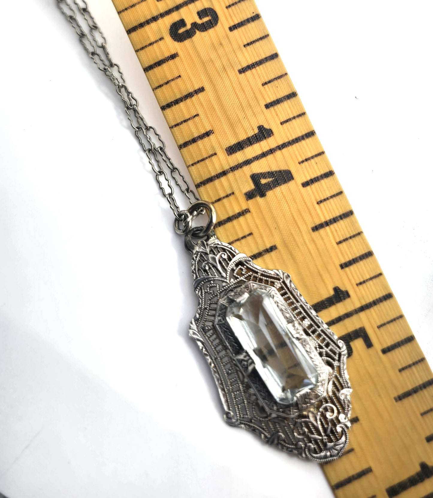 Art Deco Blue topaz filigree antique sterling silver filigree pendant on paperclip chain