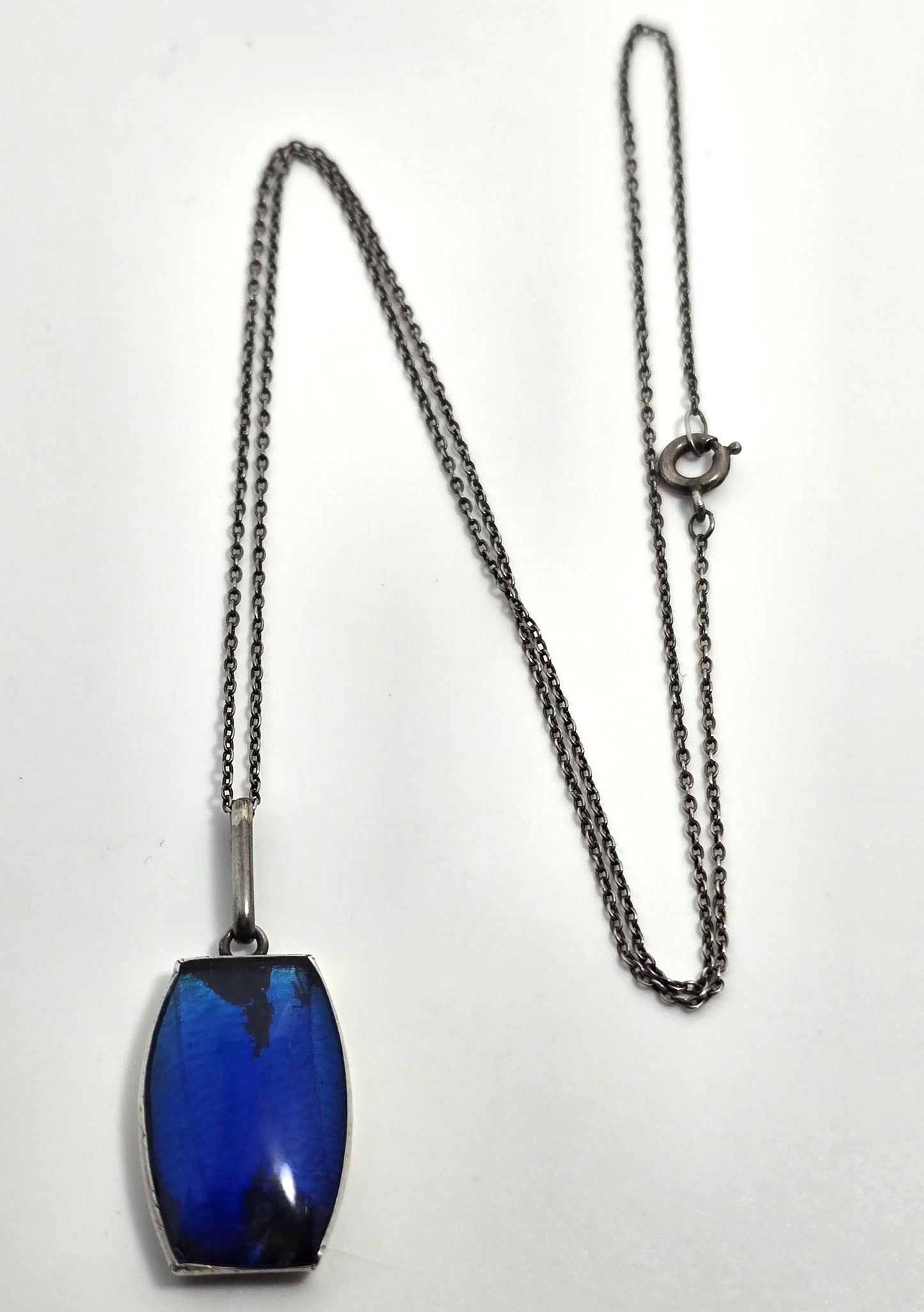 TLM Art Deco Blue Morpho Butterfly wing sterling silver vintage necklace England