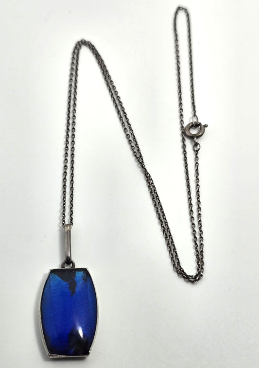TLM Art Deco Blue Morpho Butterfly wing sterling silver vintage necklace England