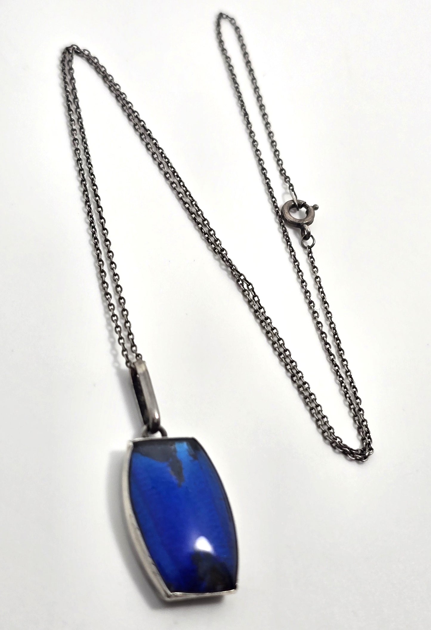 TLM Art Deco Blue Morpho Butterfly wing sterling silver vintage necklace England