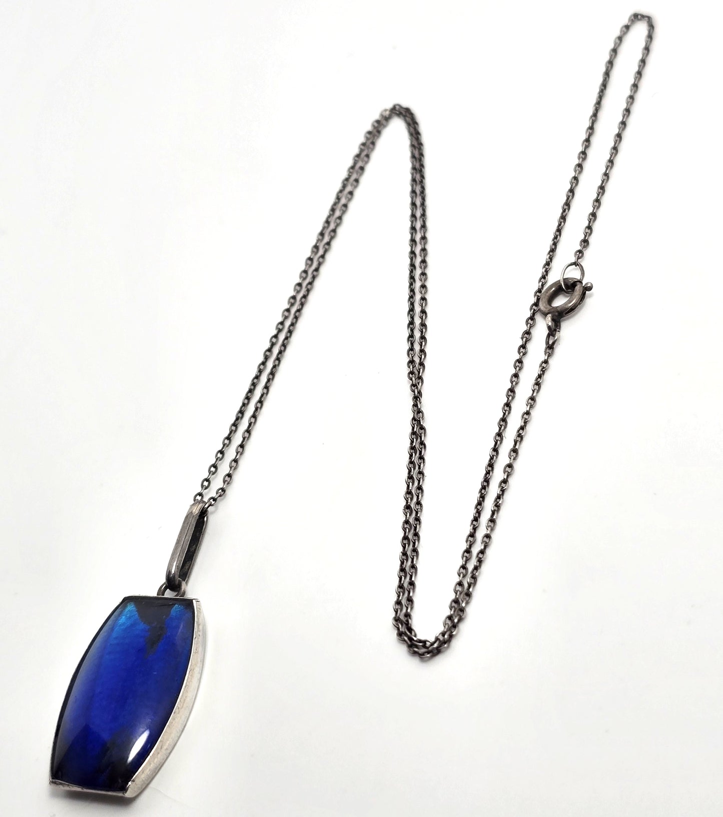TLM Art Deco Blue Morpho Butterfly wing sterling silver vintage necklace England