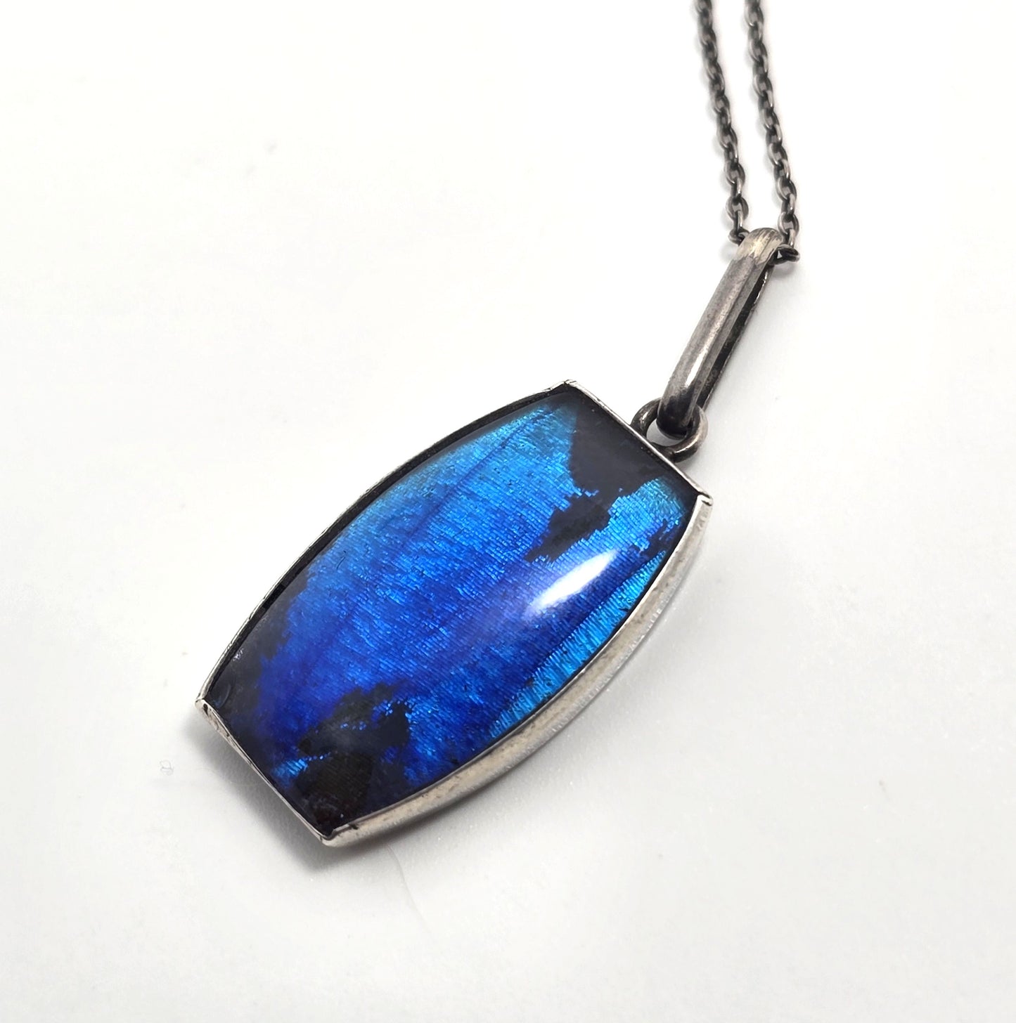 TLM Art Deco Blue Morpho Butterfly wing sterling silver vintage necklace England