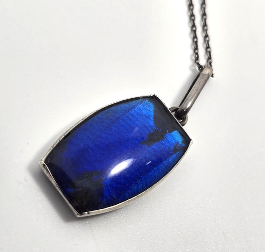TLM Art Deco Blue Morpho Butterfly wing sterling silver vintage necklace England