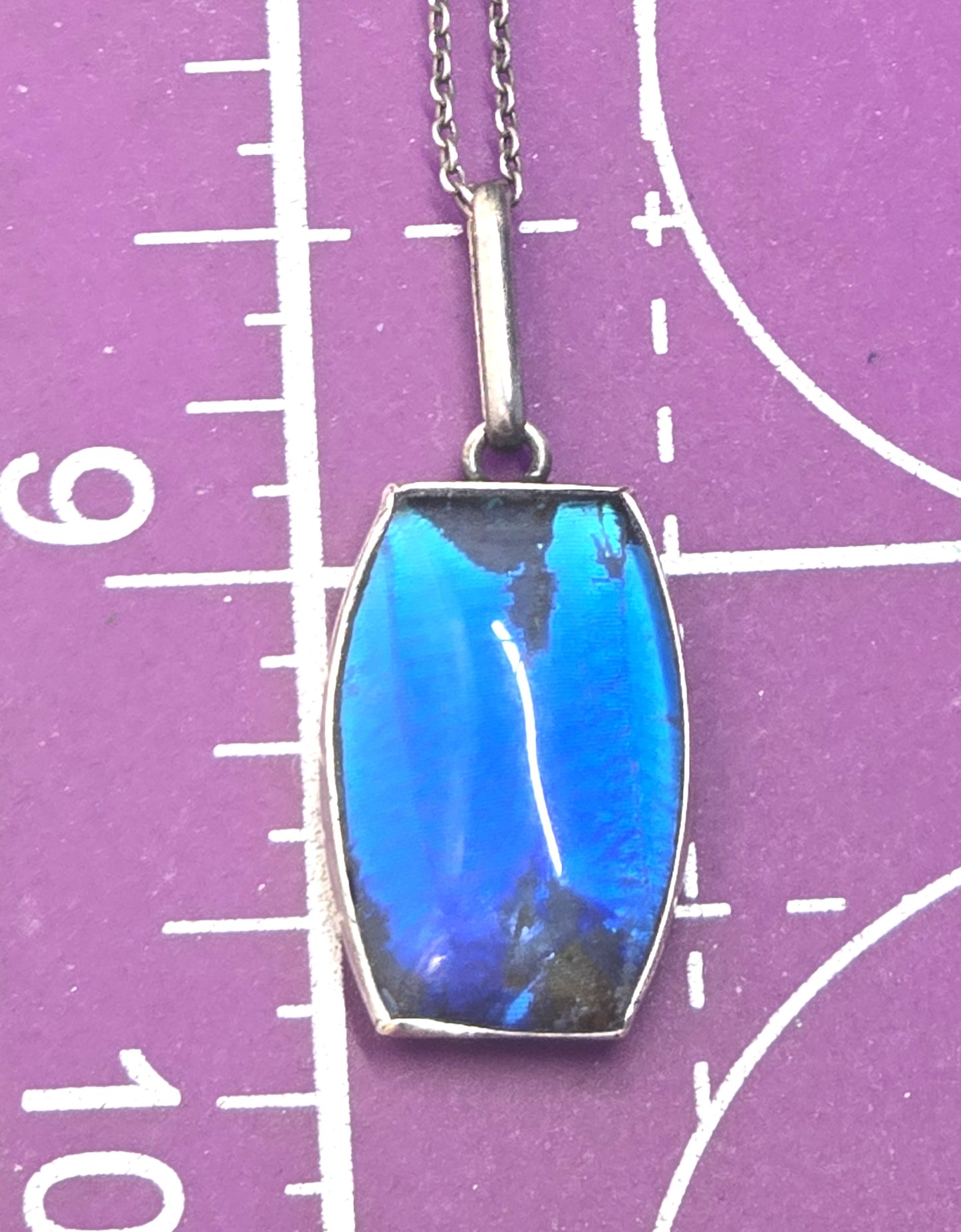 TLM Art Deco Blue Morpho Butterfly wing sterling silver vintage necklace England