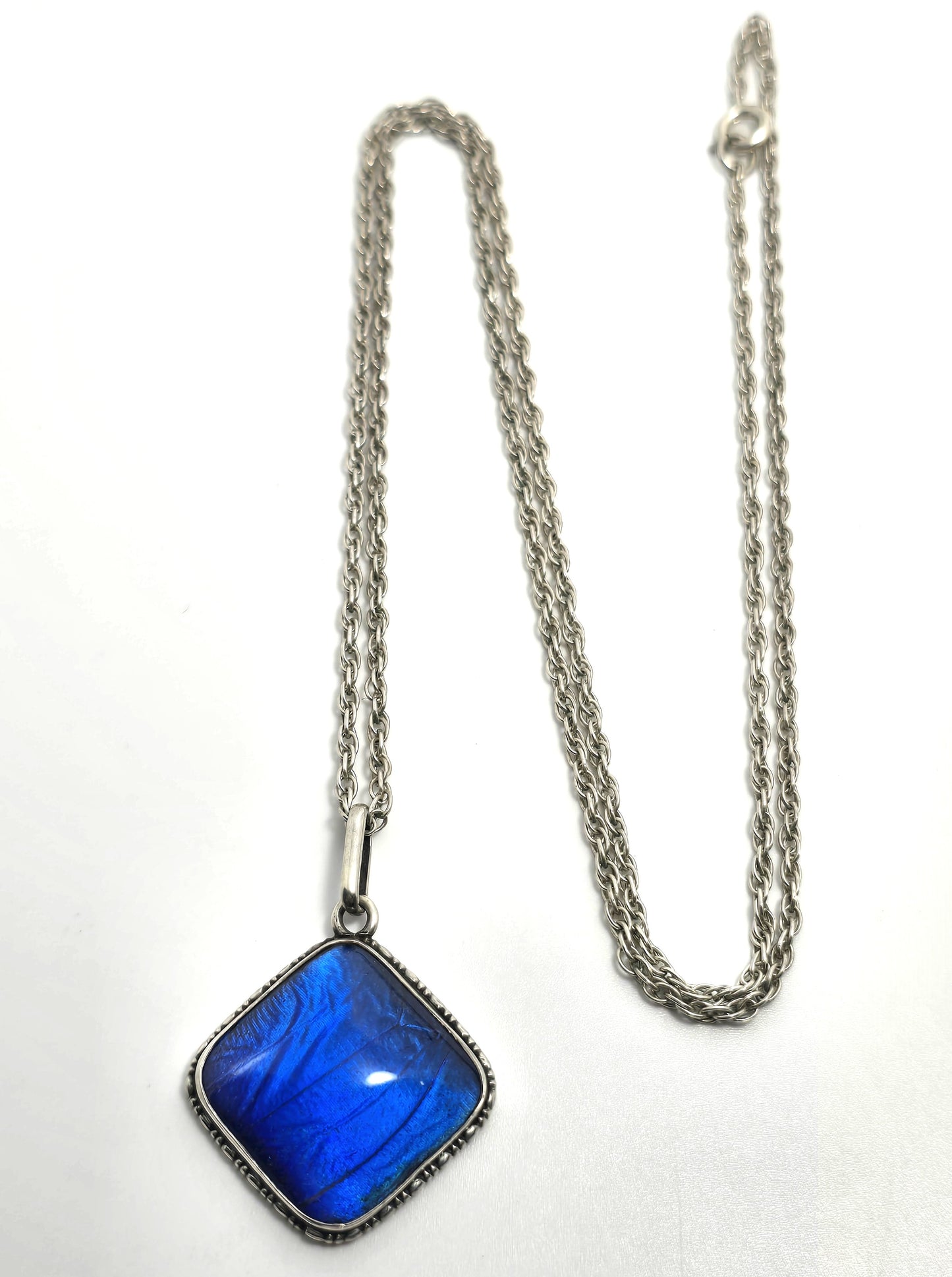 TLM Art Deco Blue Morpho Butterfly wing sterling silver vintage necklace England