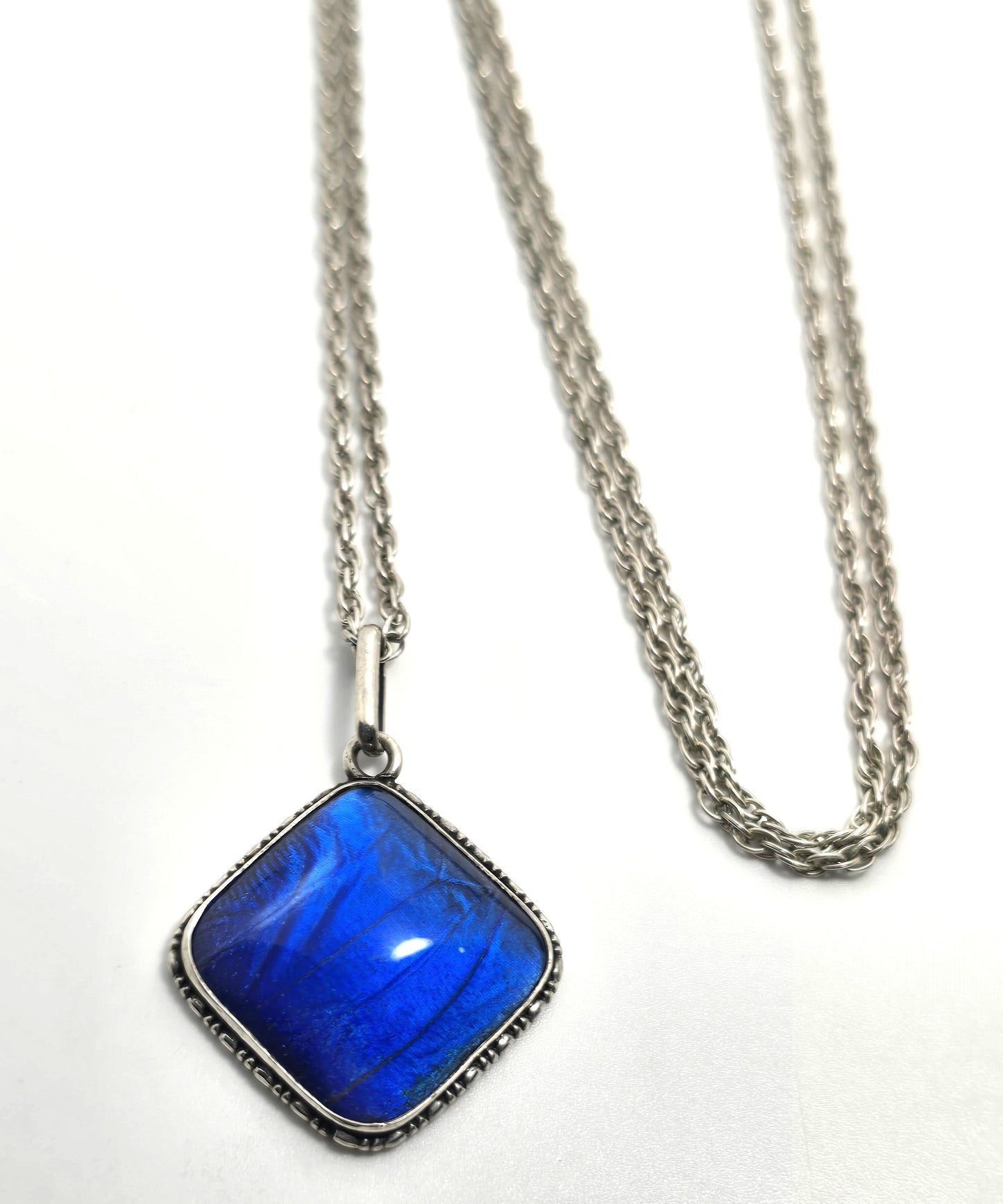 TLM Art Deco Blue Morpho Butterfly wing sterling silver vintage necklace England