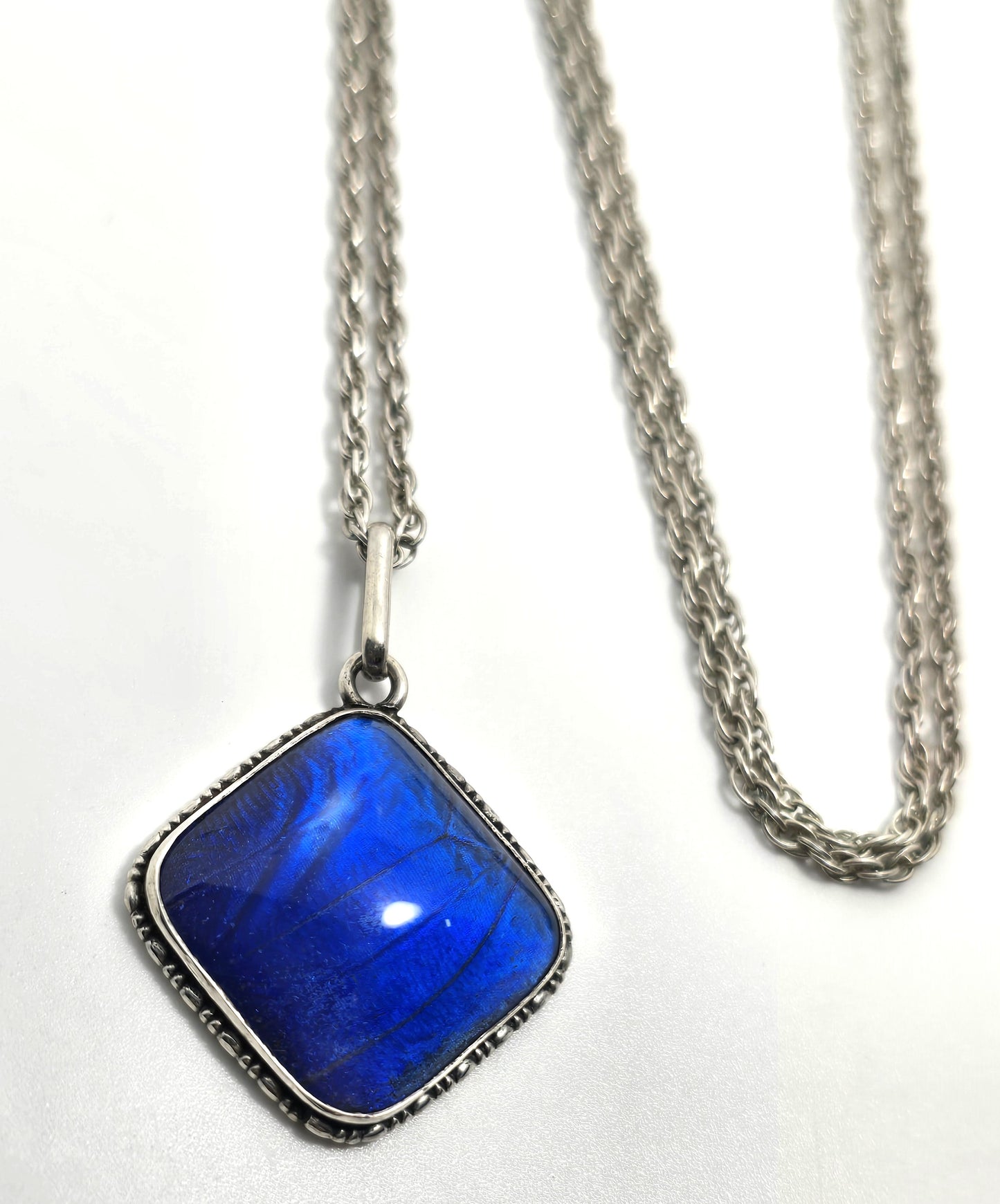 TLM Art Deco Blue Morpho Butterfly wing sterling silver vintage necklace England