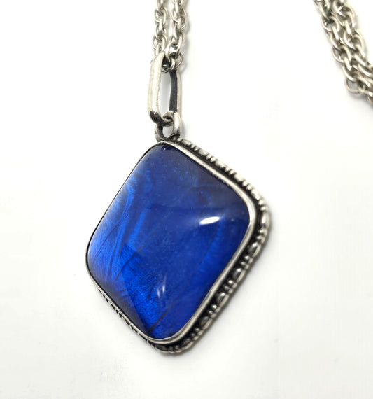TLM Art Deco Blue Morpho Butterfly wing sterling silver vintage necklace England