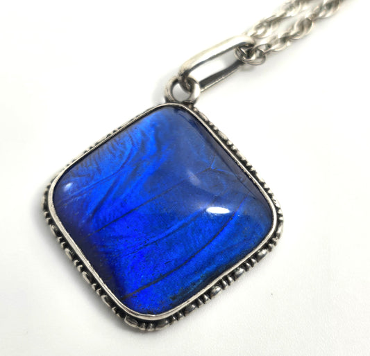 TLM Art Deco Blue Morpho Butterfly wing sterling silver vintage necklace England