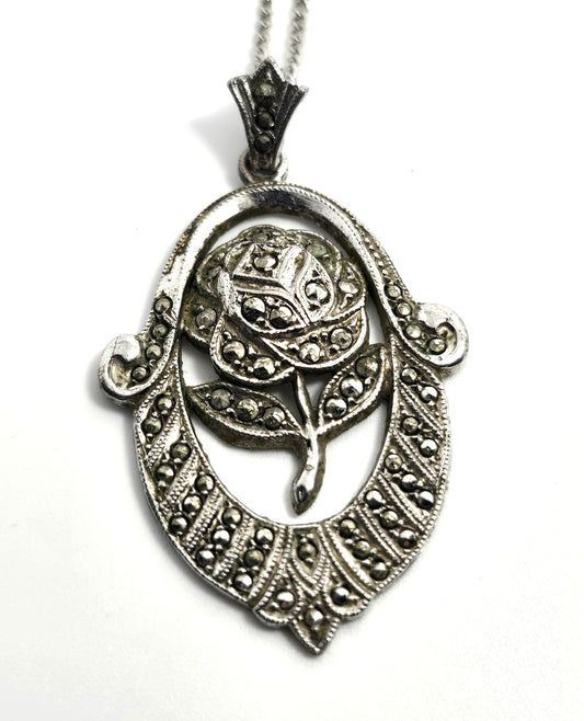 Art Deco marcasite rose flower vintage sterling silver pendant necklace