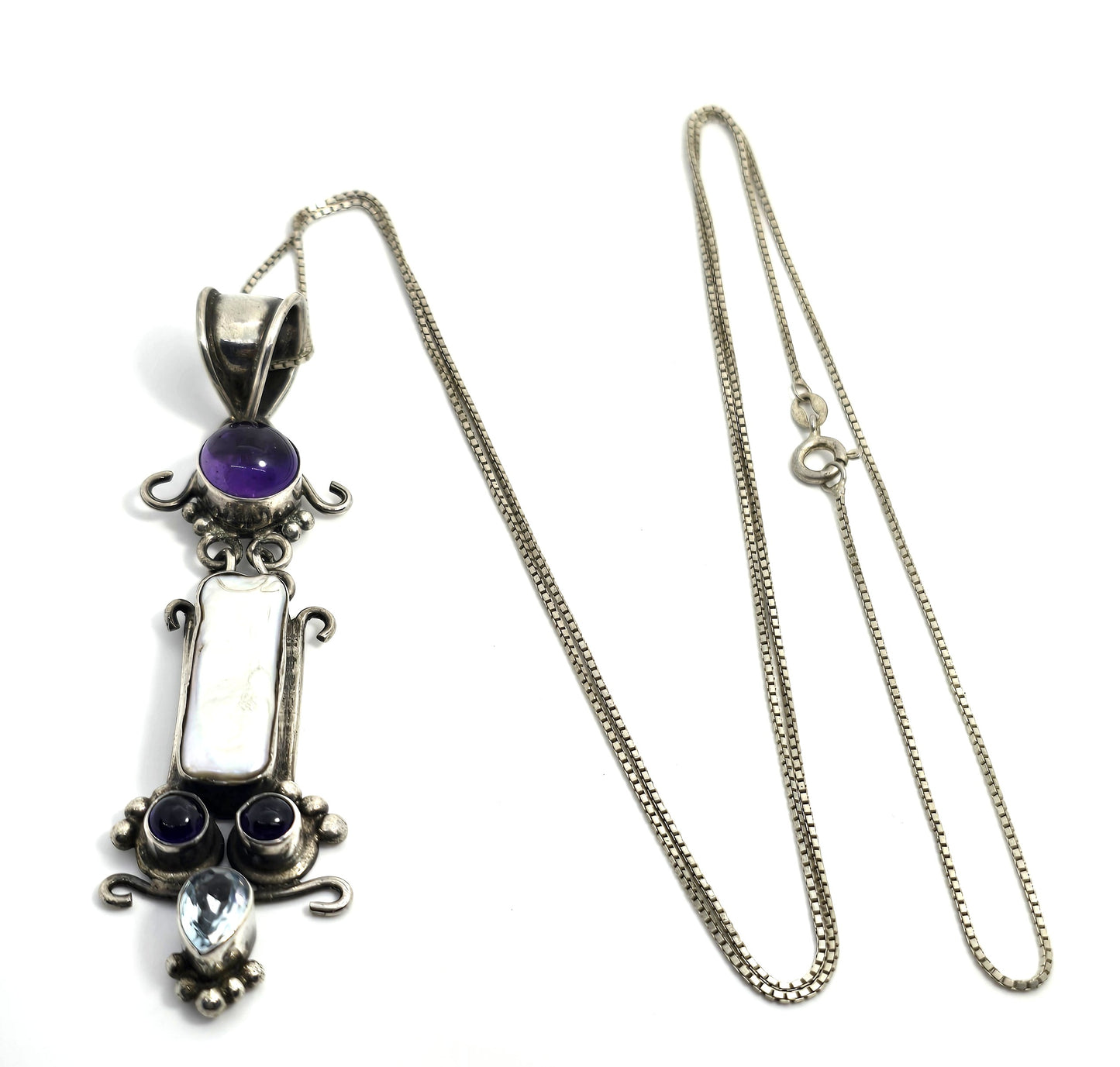 Blue topaz amethyst and pearl large gemstone sterling silver pendant necklace