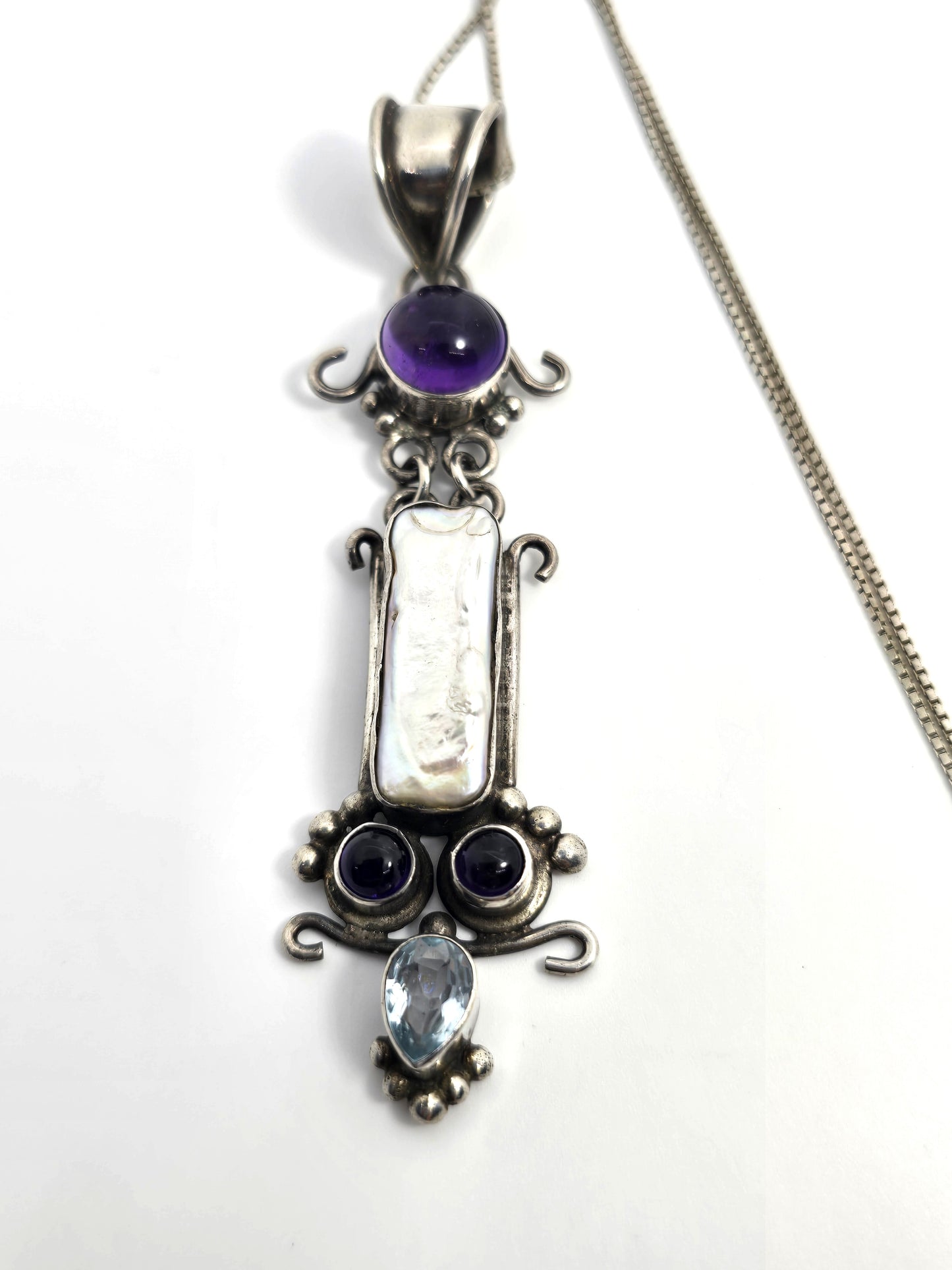 Blue topaz amethyst and pearl large gemstone sterling silver pendant necklace