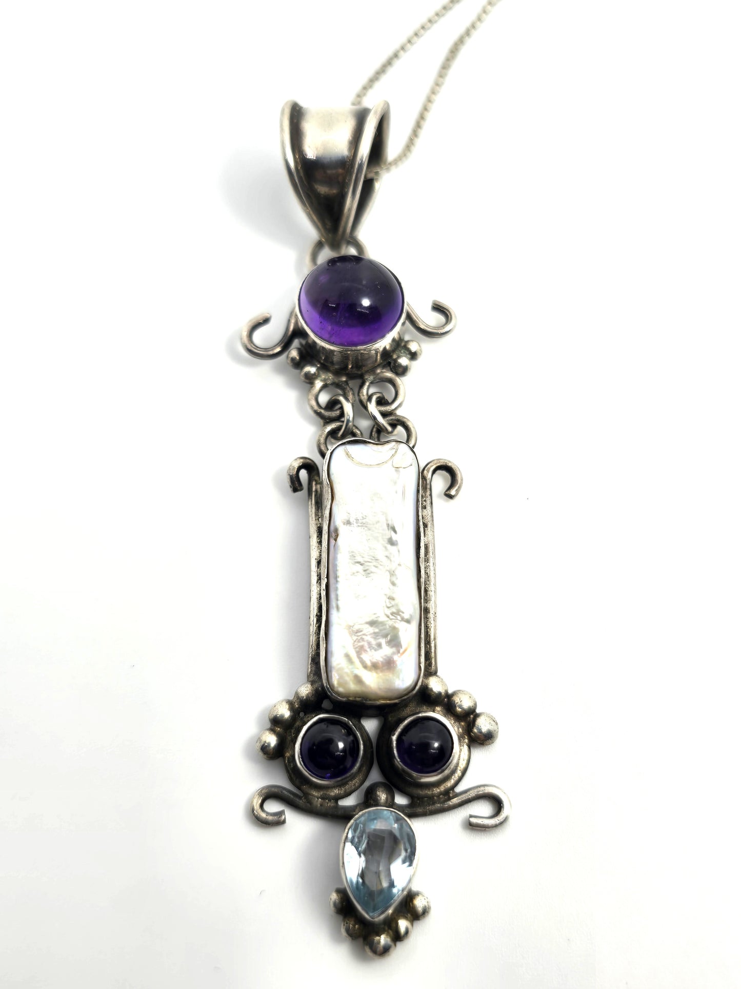 Blue topaz amethyst and pearl large gemstone sterling silver pendant necklace