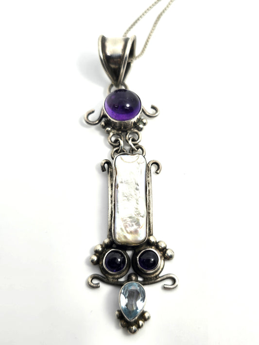 Blue topaz amethyst and pearl large gemstone sterling silver pendant necklace