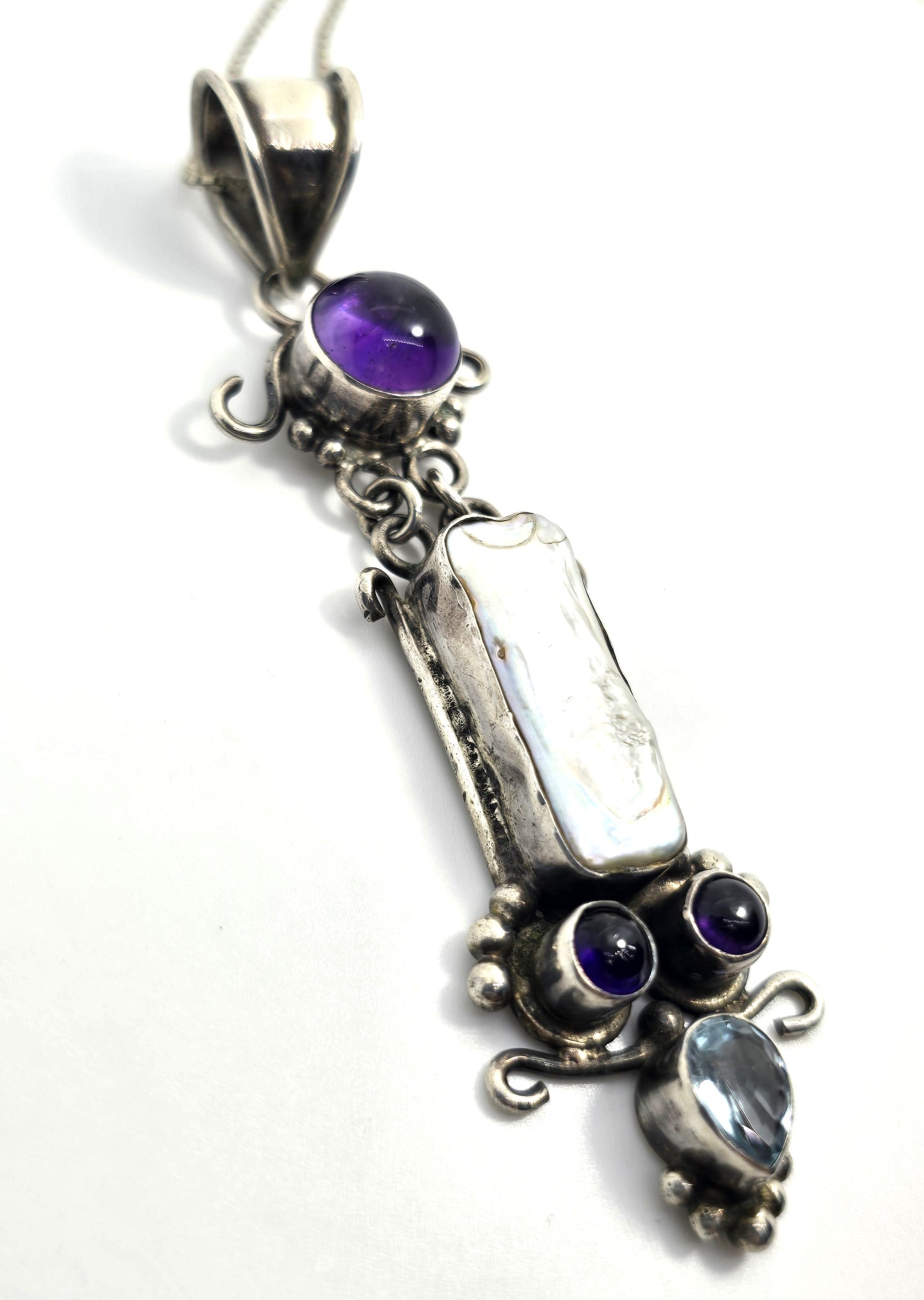 Blue topaz amethyst and pearl large gemstone sterling silver pendant necklace