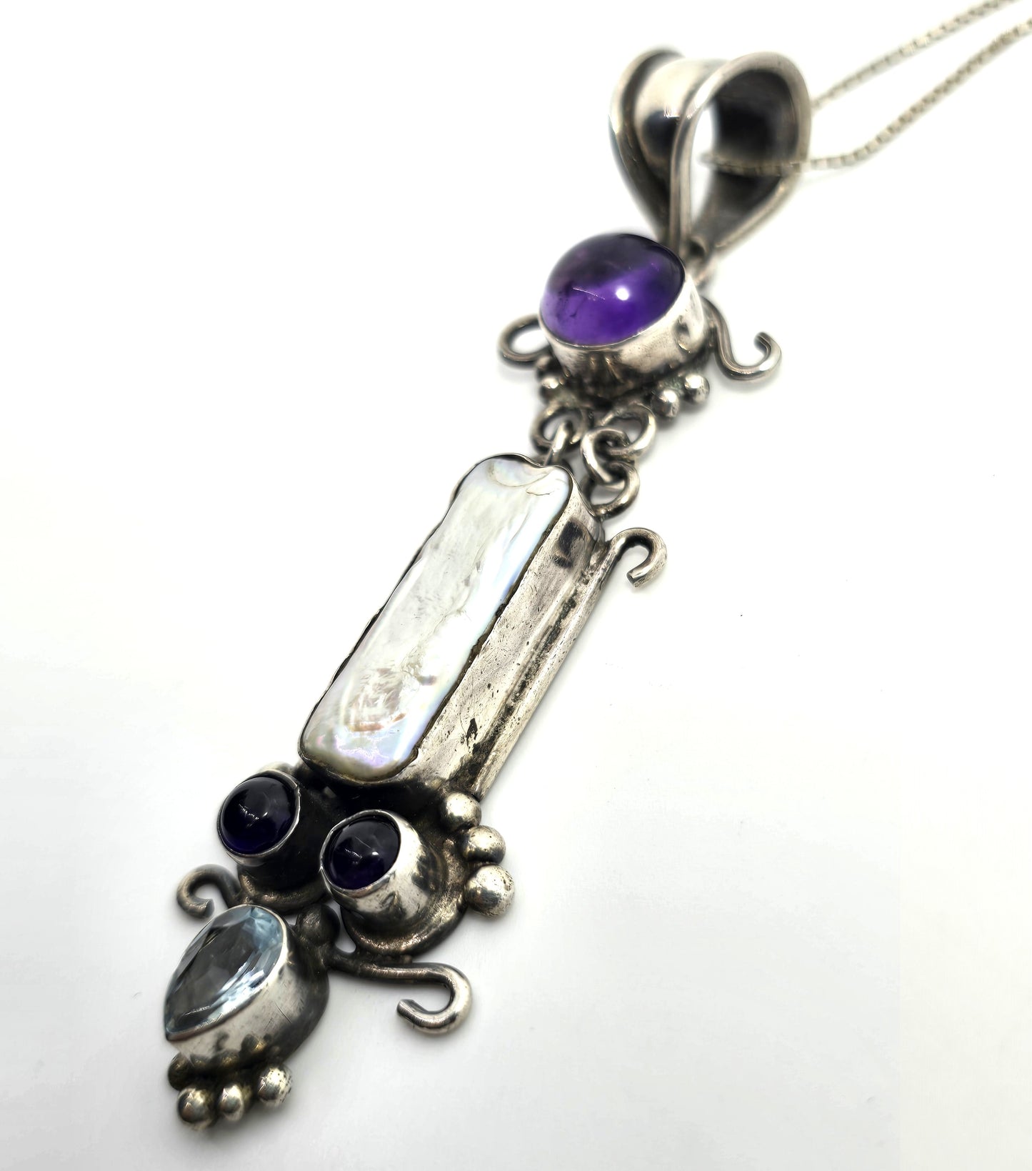 Blue topaz amethyst and pearl large gemstone sterling silver pendant necklace