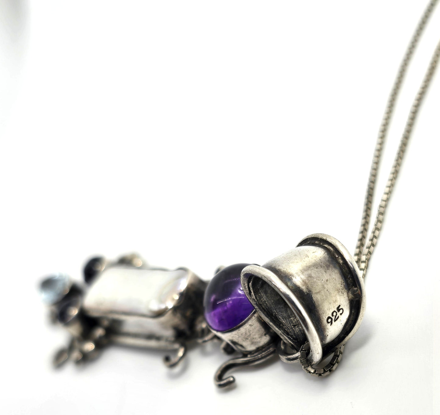 Blue topaz amethyst and pearl large gemstone sterling silver pendant necklace