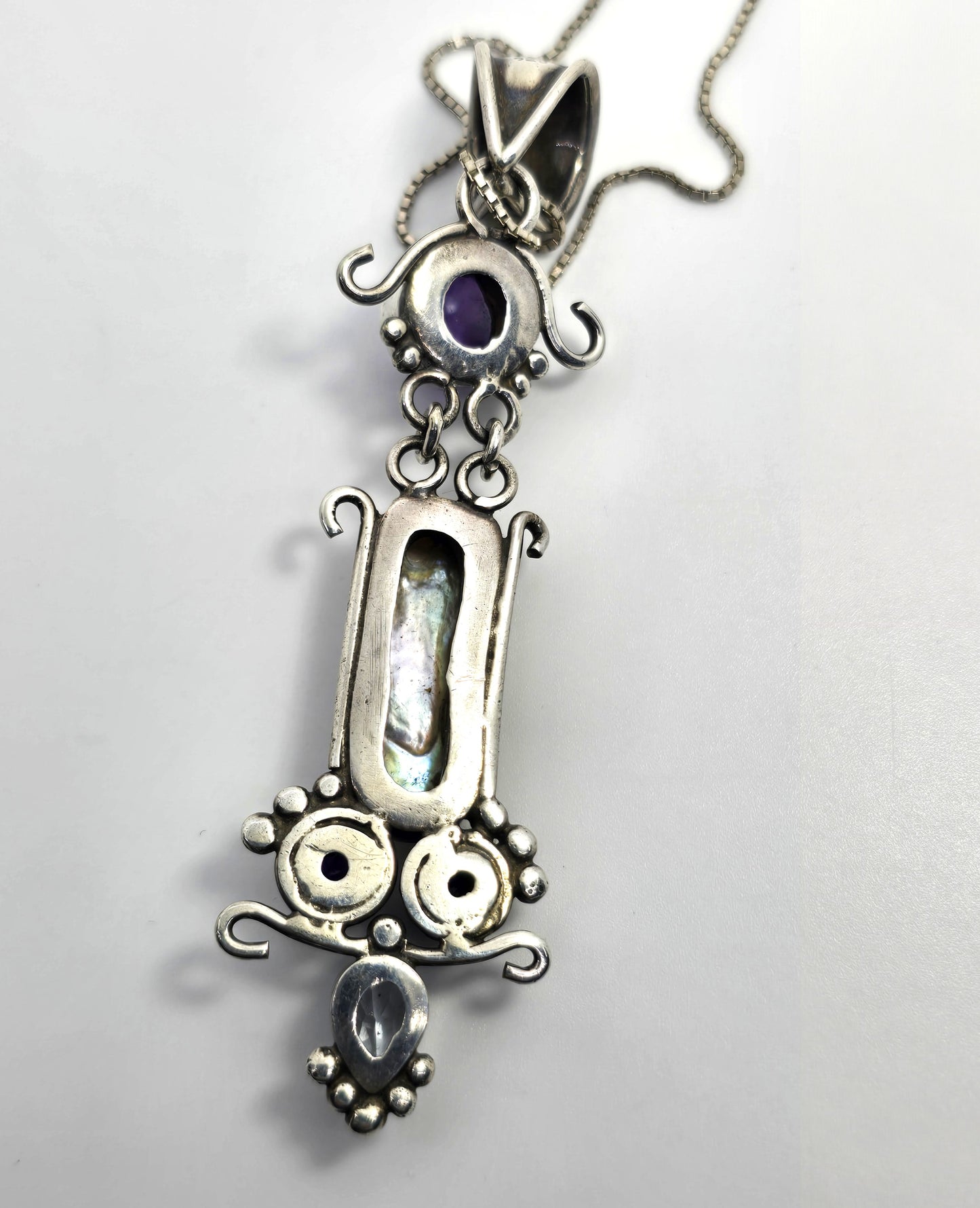 Blue topaz amethyst and pearl large gemstone sterling silver pendant necklace