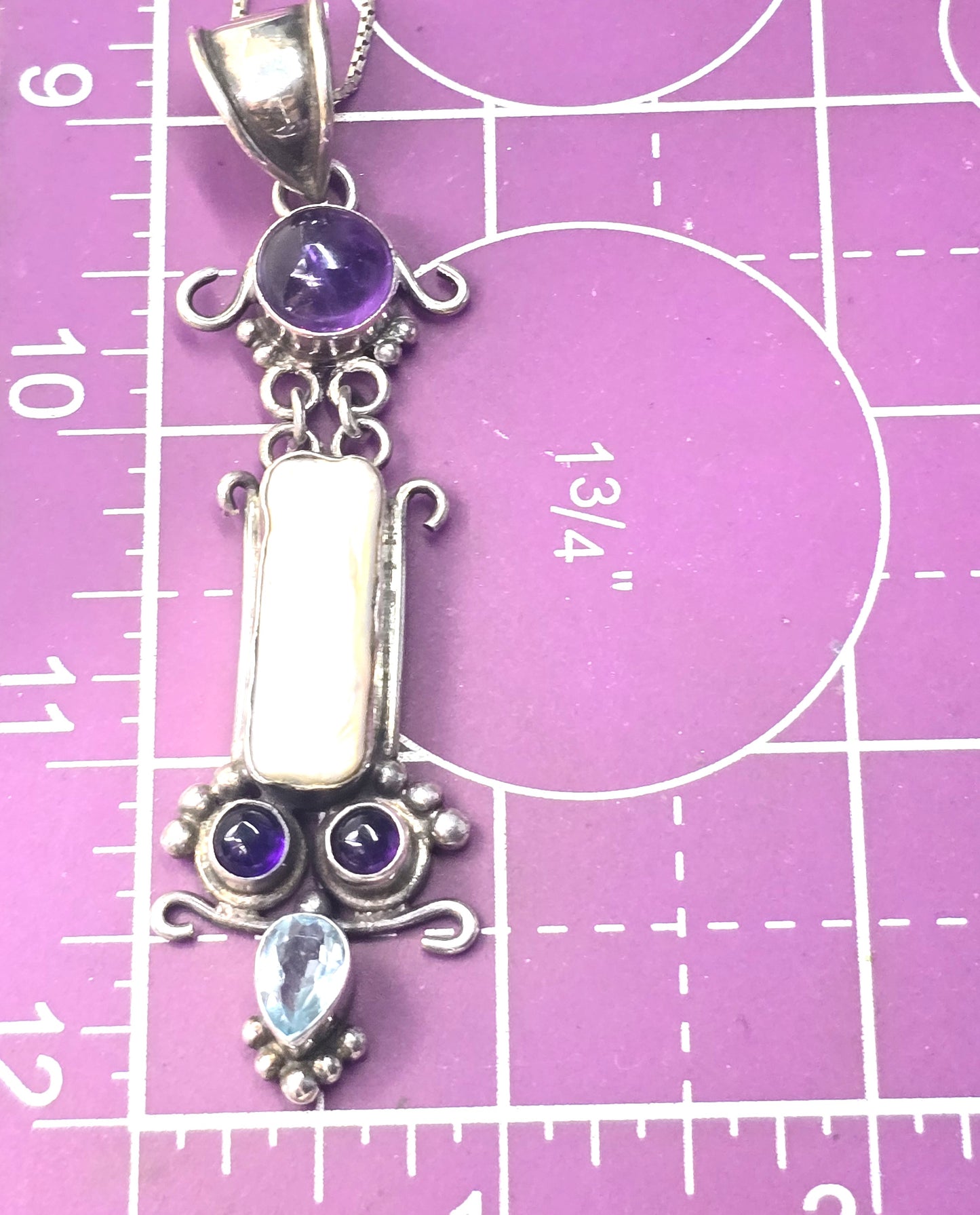 Blue topaz amethyst and pearl large gemstone sterling silver pendant necklace
