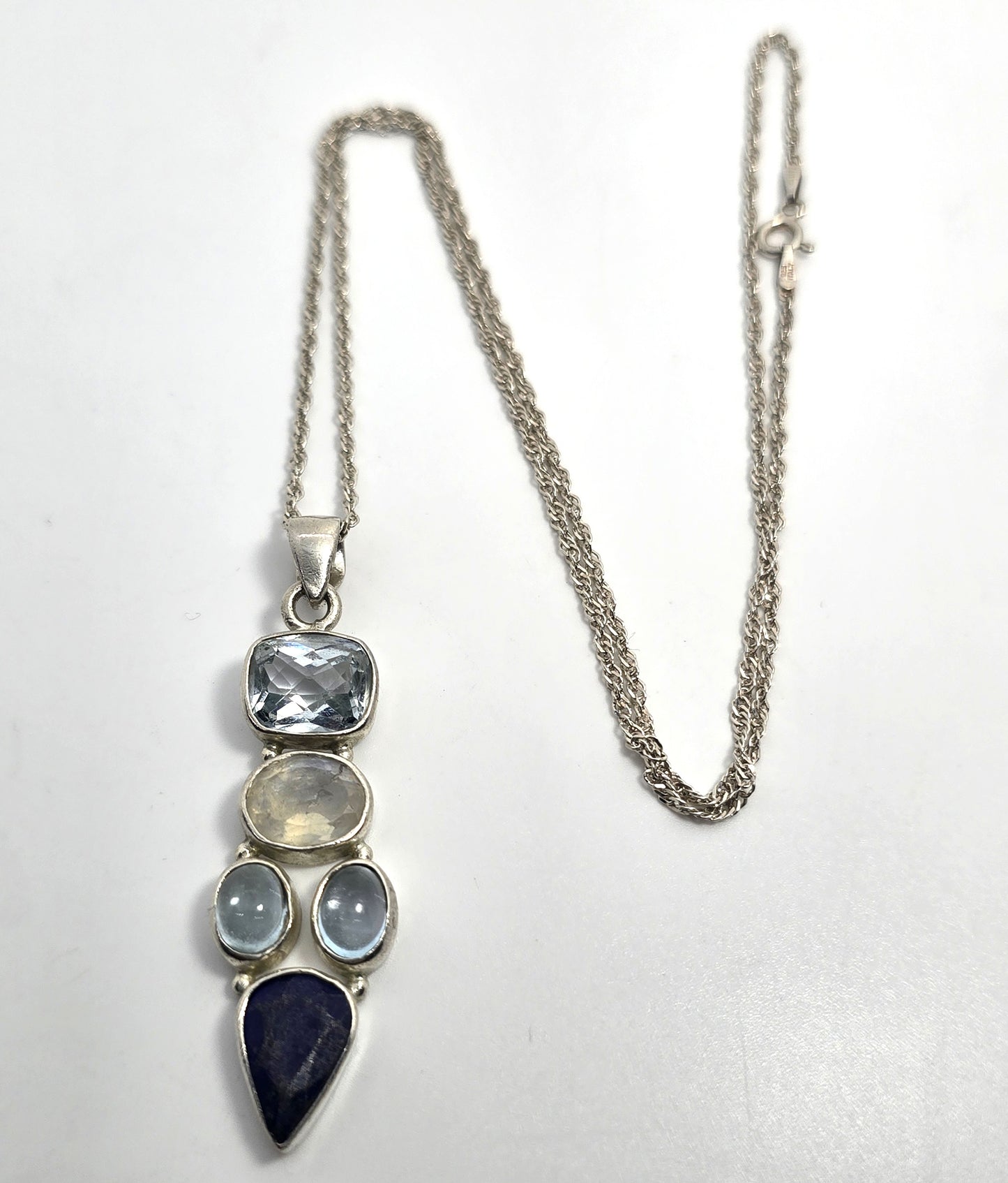 Blue topaz moonstone lapis lazuli blue gemstone sterling silver pendant necklace