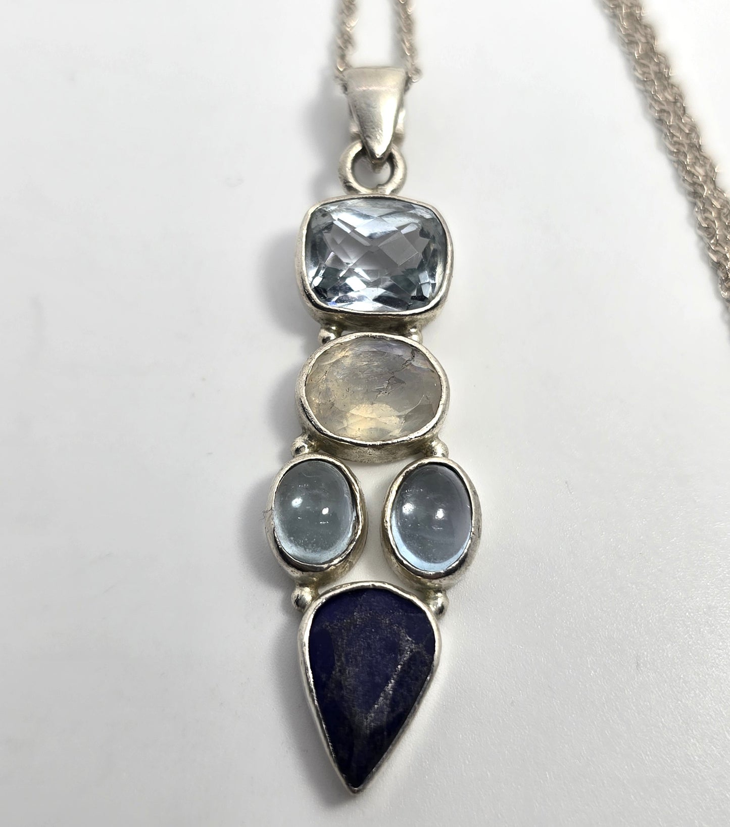 Blue topaz moonstone lapis lazuli blue gemstone sterling silver pendant necklace