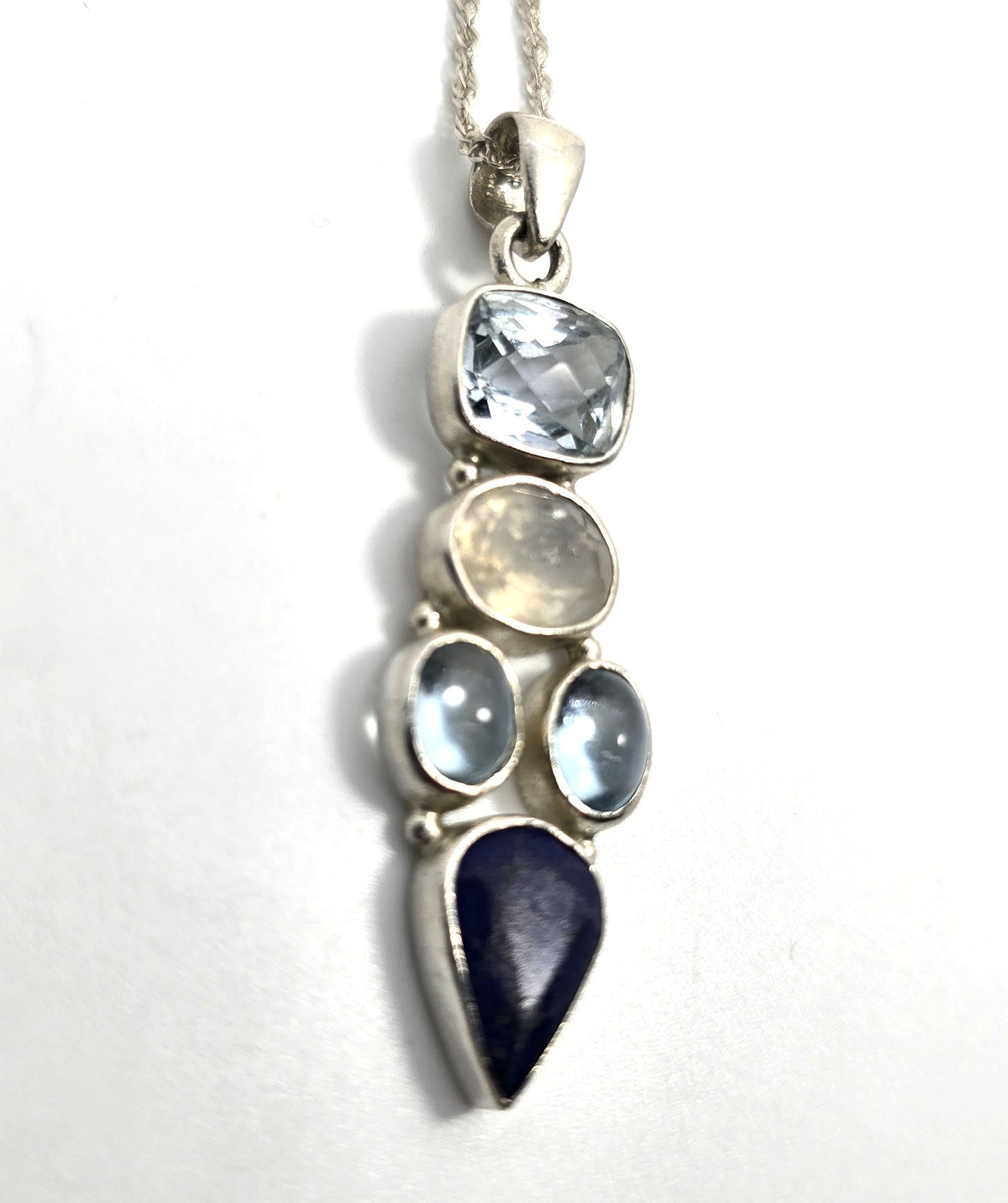 Blue topaz moonstone lapis lazuli blue gemstone sterling silver pendant necklace