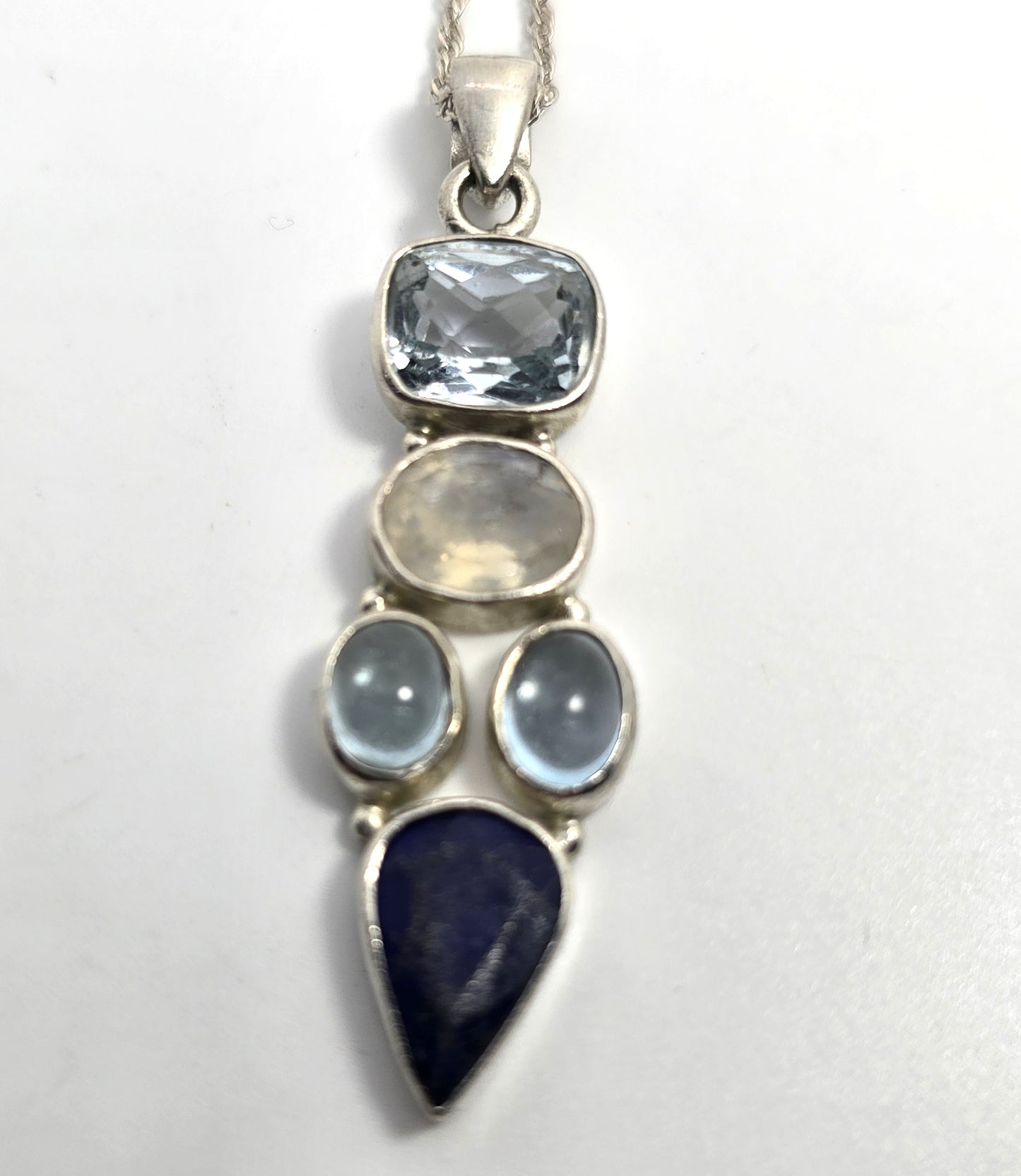 Blue topaz moonstone lapis lazuli blue gemstone sterling silver pendant necklace