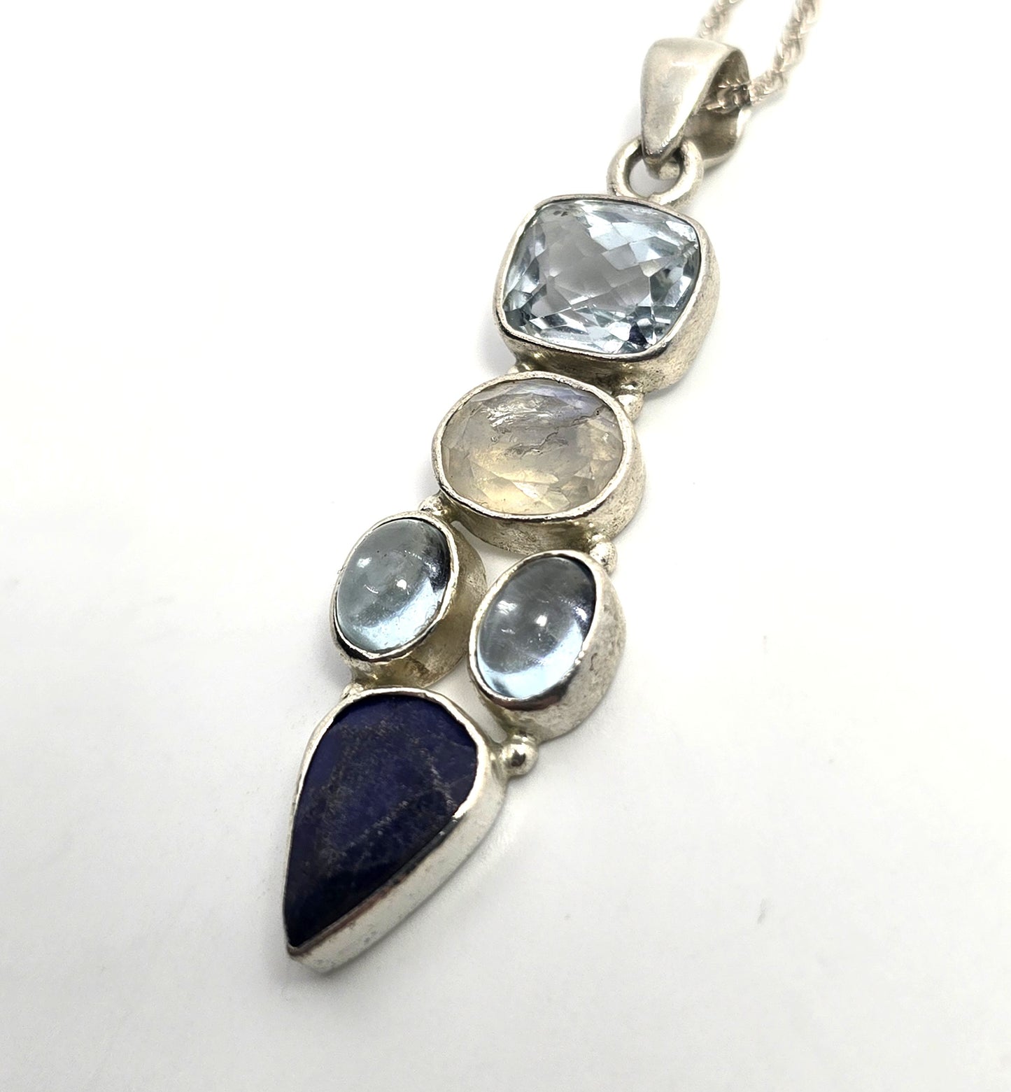 Blue topaz moonstone lapis lazuli blue gemstone sterling silver pendant necklace