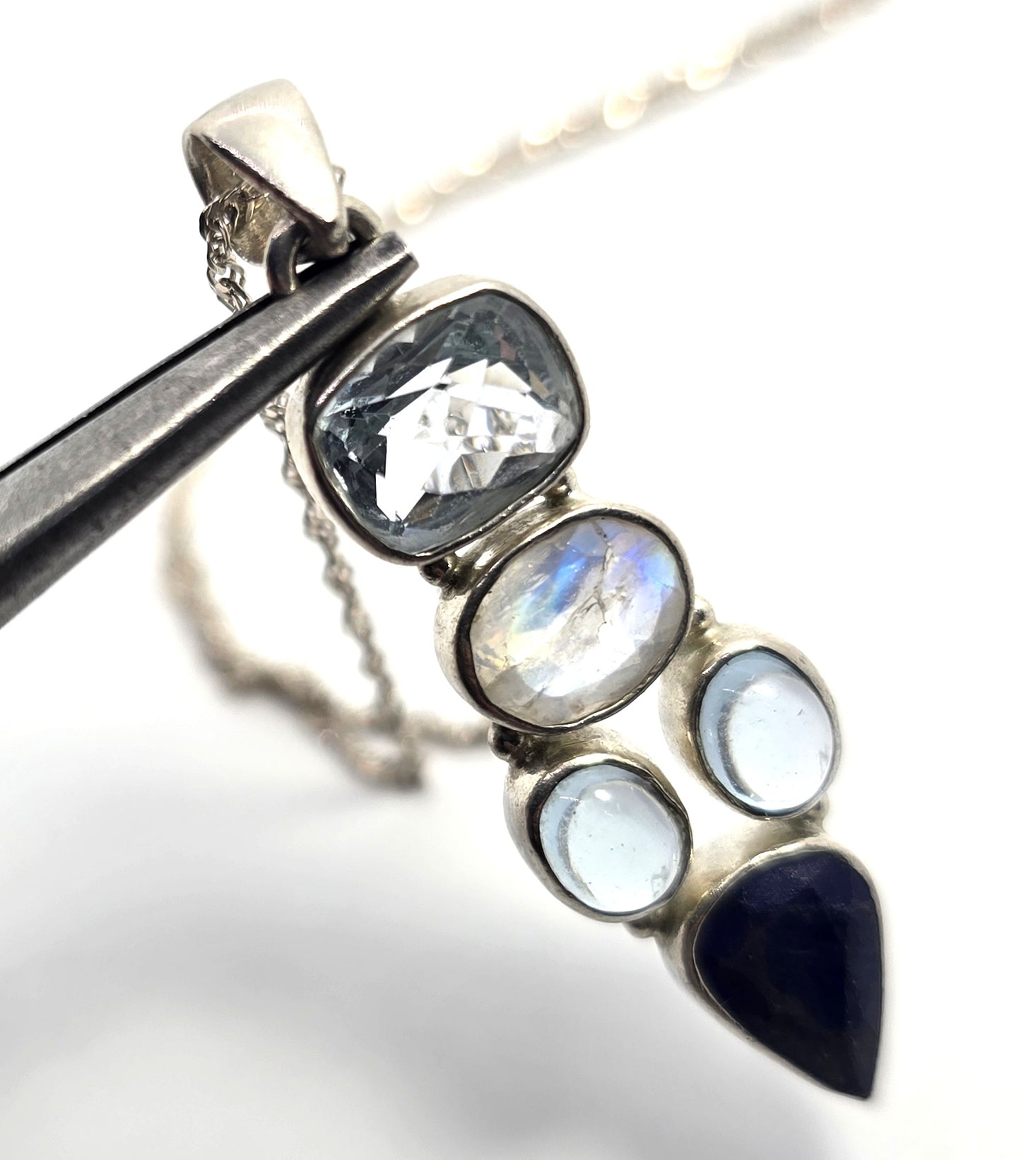 Blue topaz moonstone lapis lazuli blue gemstone sterling silver pendant necklace