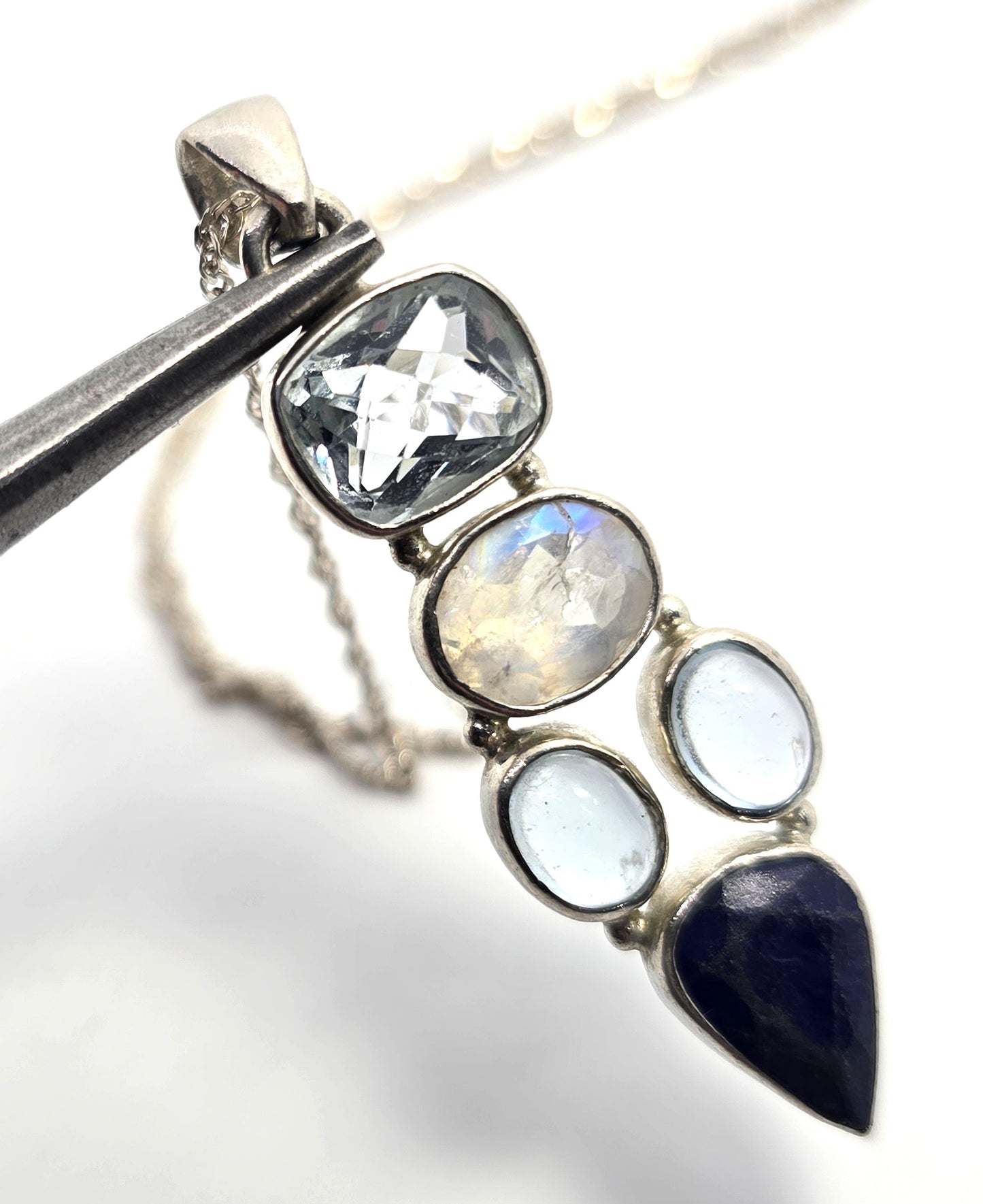 Blue topaz moonstone lapis lazuli blue gemstone sterling silver pendant necklace