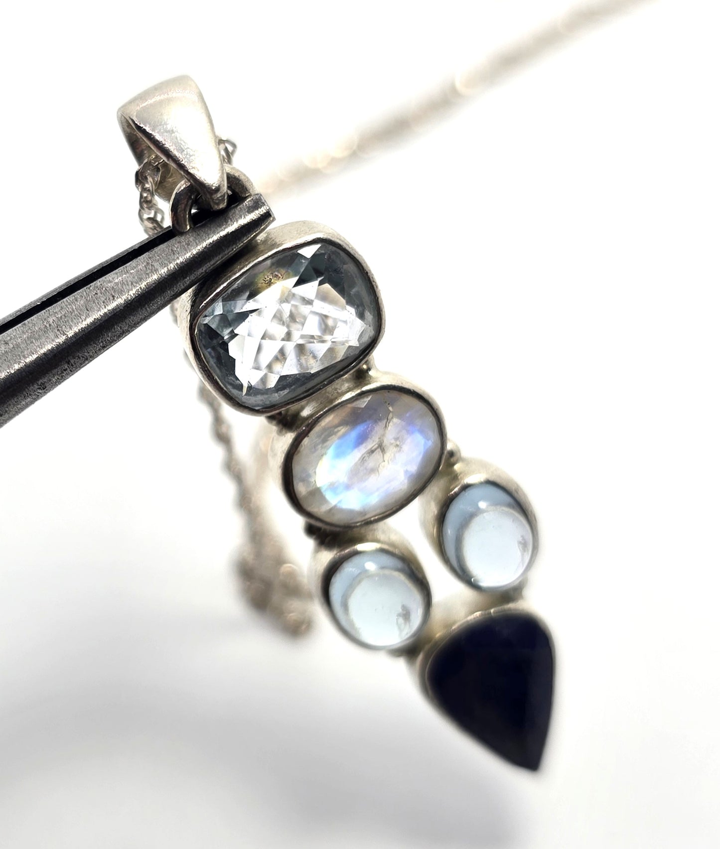 Blue topaz moonstone lapis lazuli blue gemstone sterling silver pendant necklace