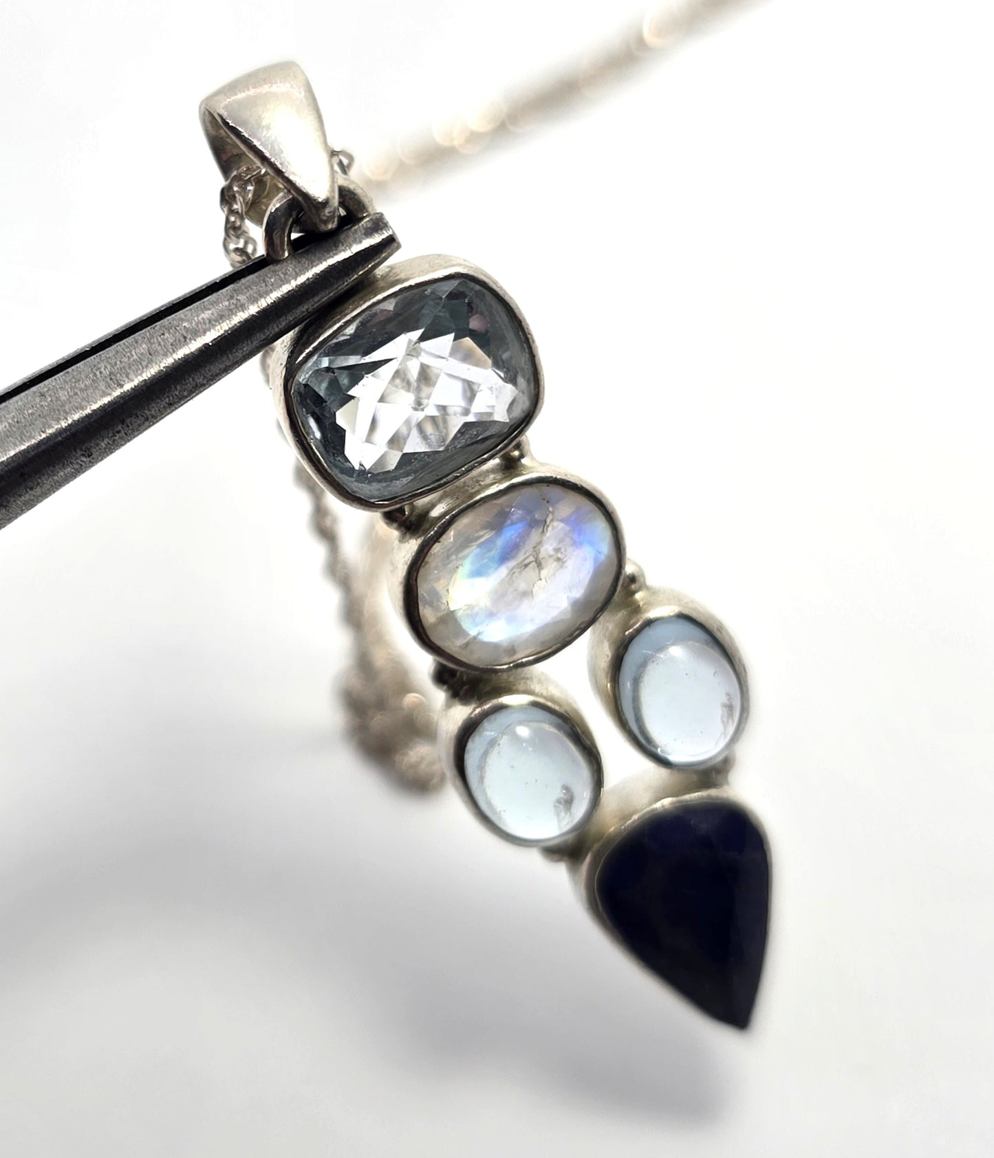 Blue topaz moonstone lapis lazuli blue gemstone sterling silver pendant necklace