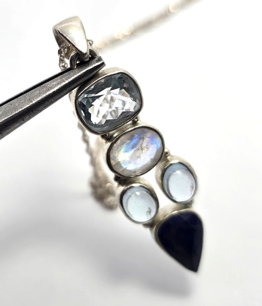 Blue topaz moonstone lapis lazuli blue gemstone sterling silver pendant necklace