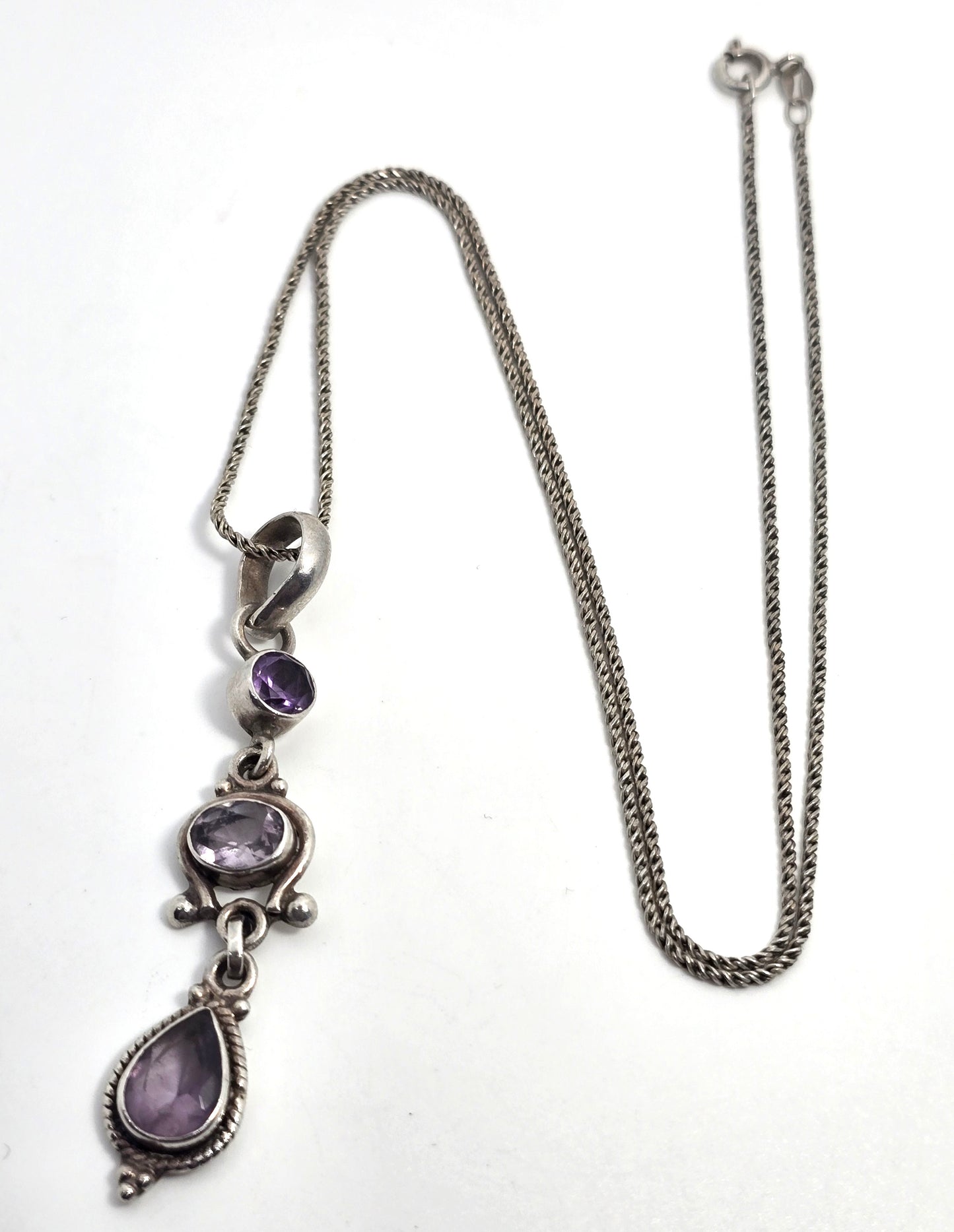 Amethyst flower purple multi gemstone long sterling silver vintage necklace