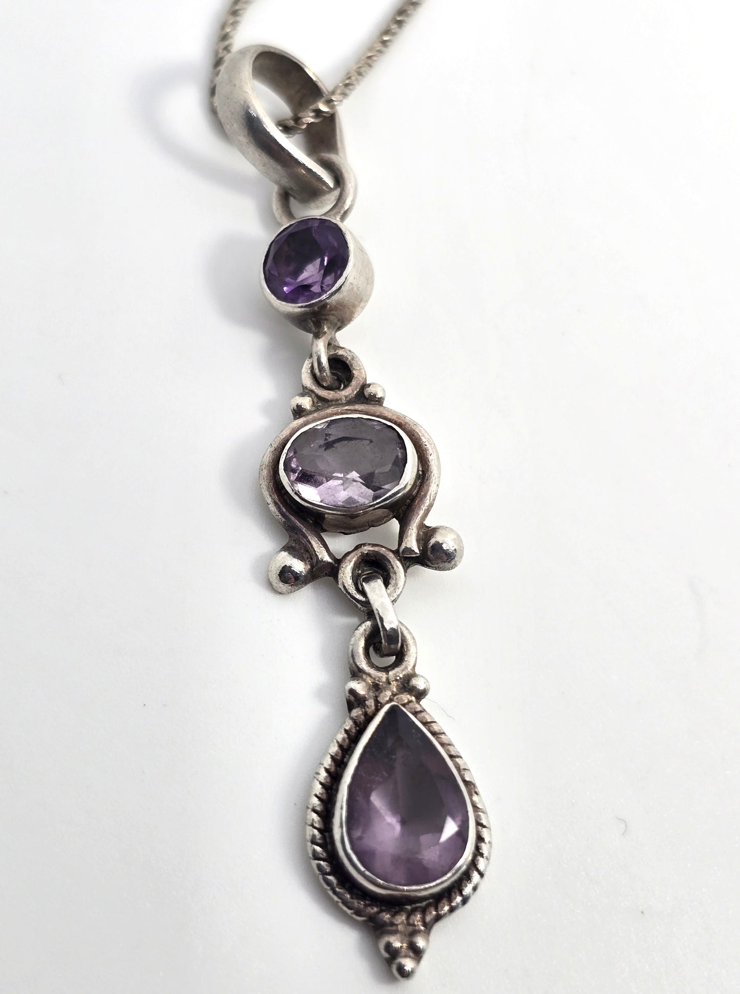 Amethyst flower purple multi gemstone long sterling silver vintage necklace
