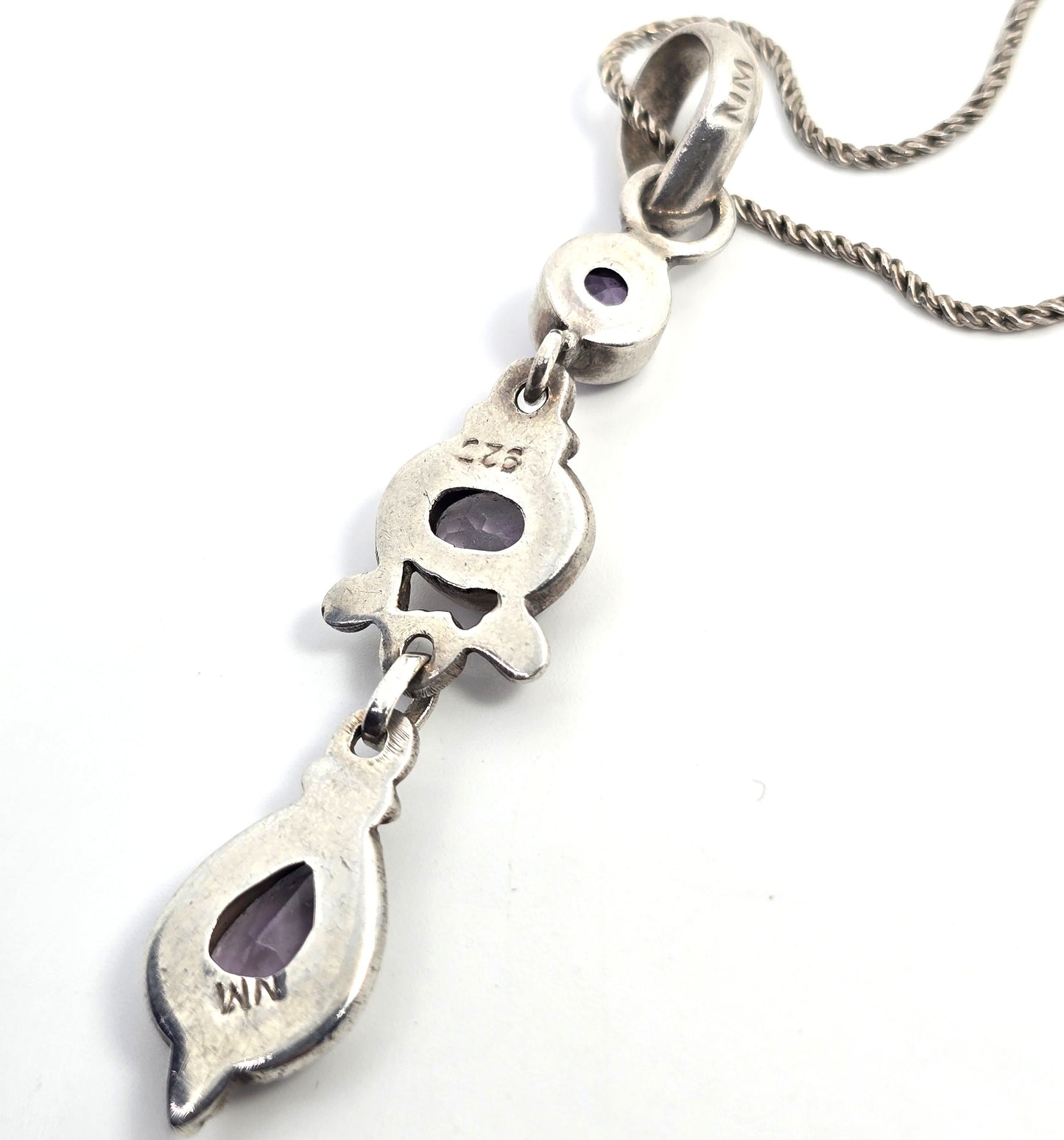 Amethyst flower purple multi gemstone long sterling silver vintage necklace