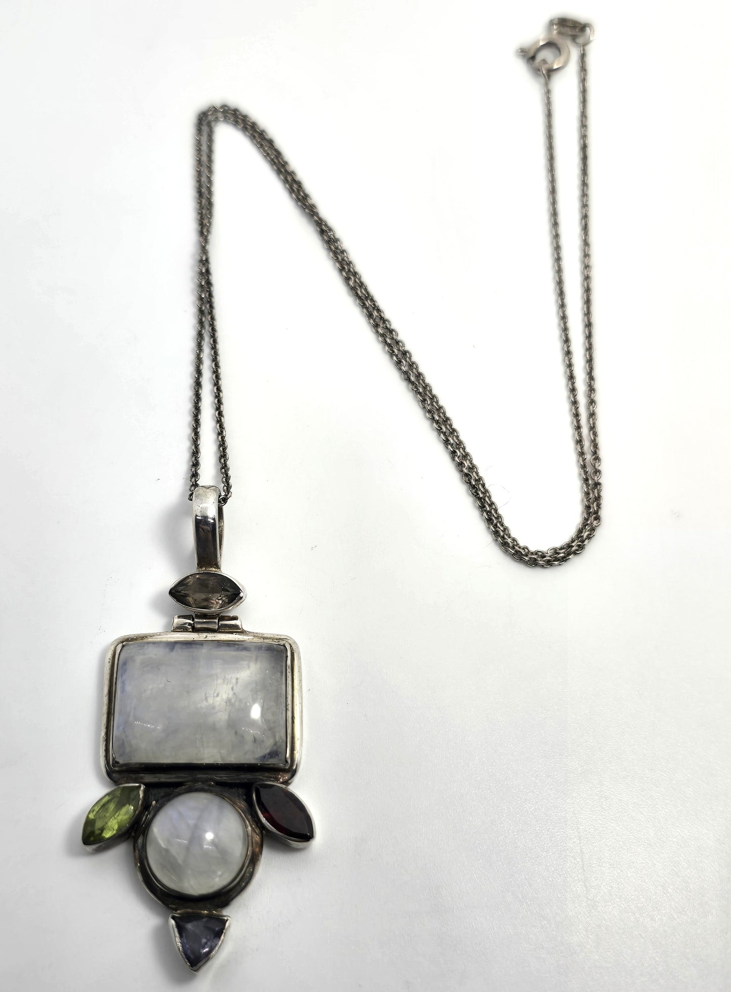 Blue Moonstone iolite peridot garnet quartz gemstone pendant sterling silver necklace
