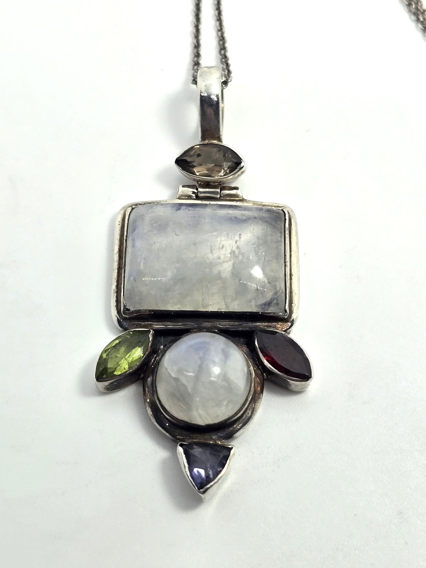 Blue Moonstone iolite peridot garnet quartz gemstone pendant sterling silver necklace
