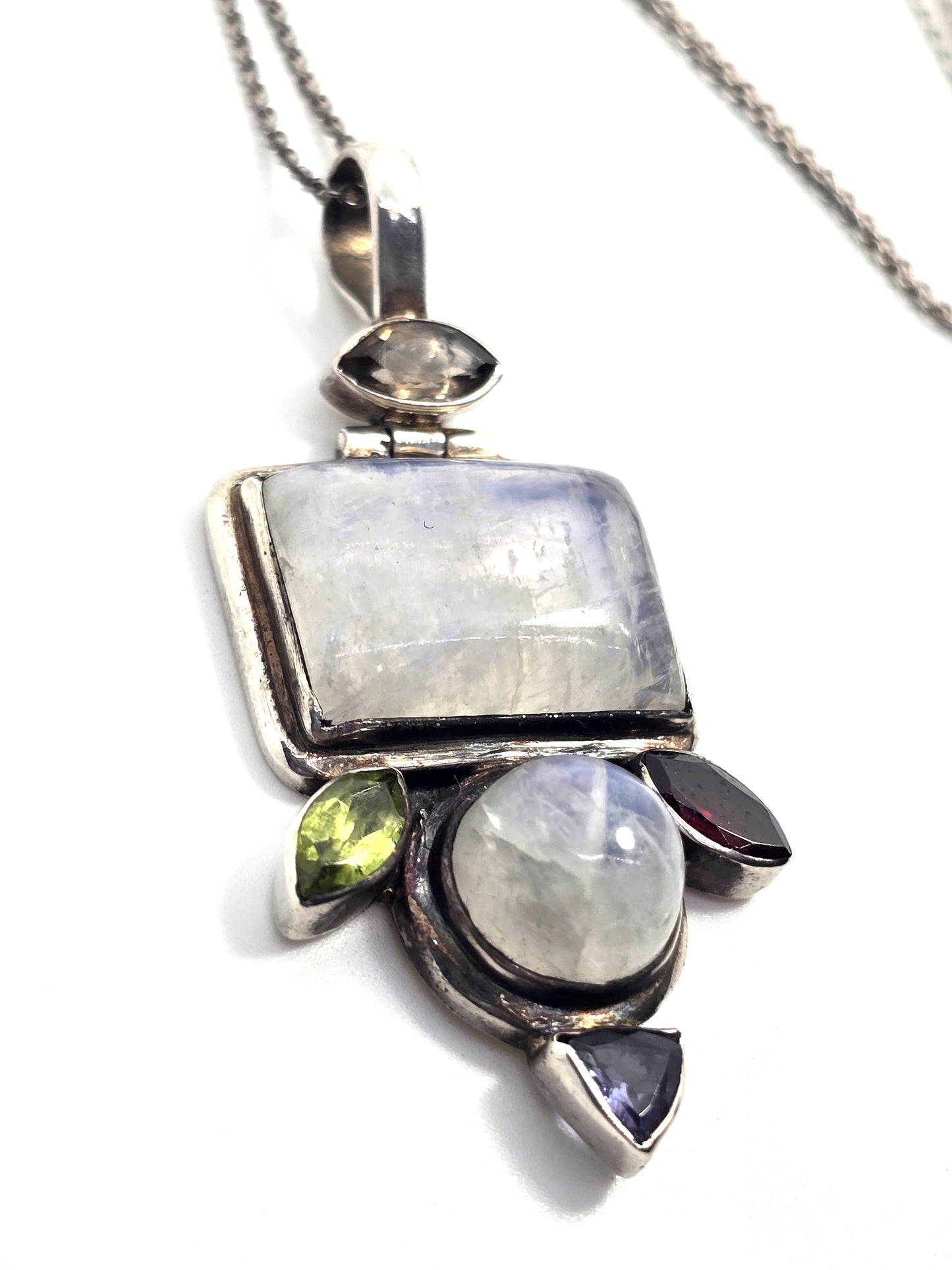 Blue Moonstone iolite peridot garnet quartz gemstone pendant sterling silver necklace