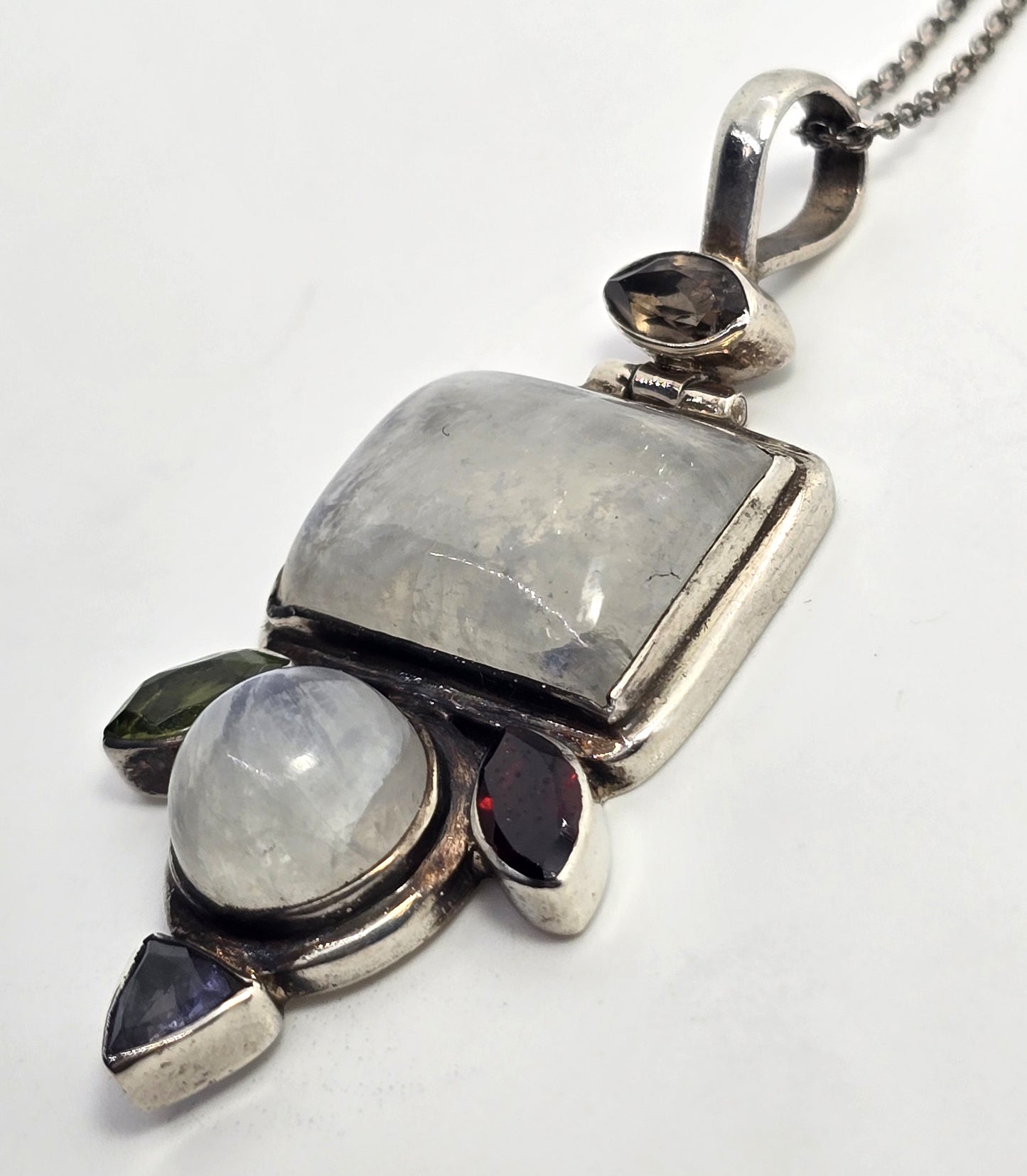 Blue Moonstone iolite peridot garnet quartz gemstone pendant sterling silver necklace