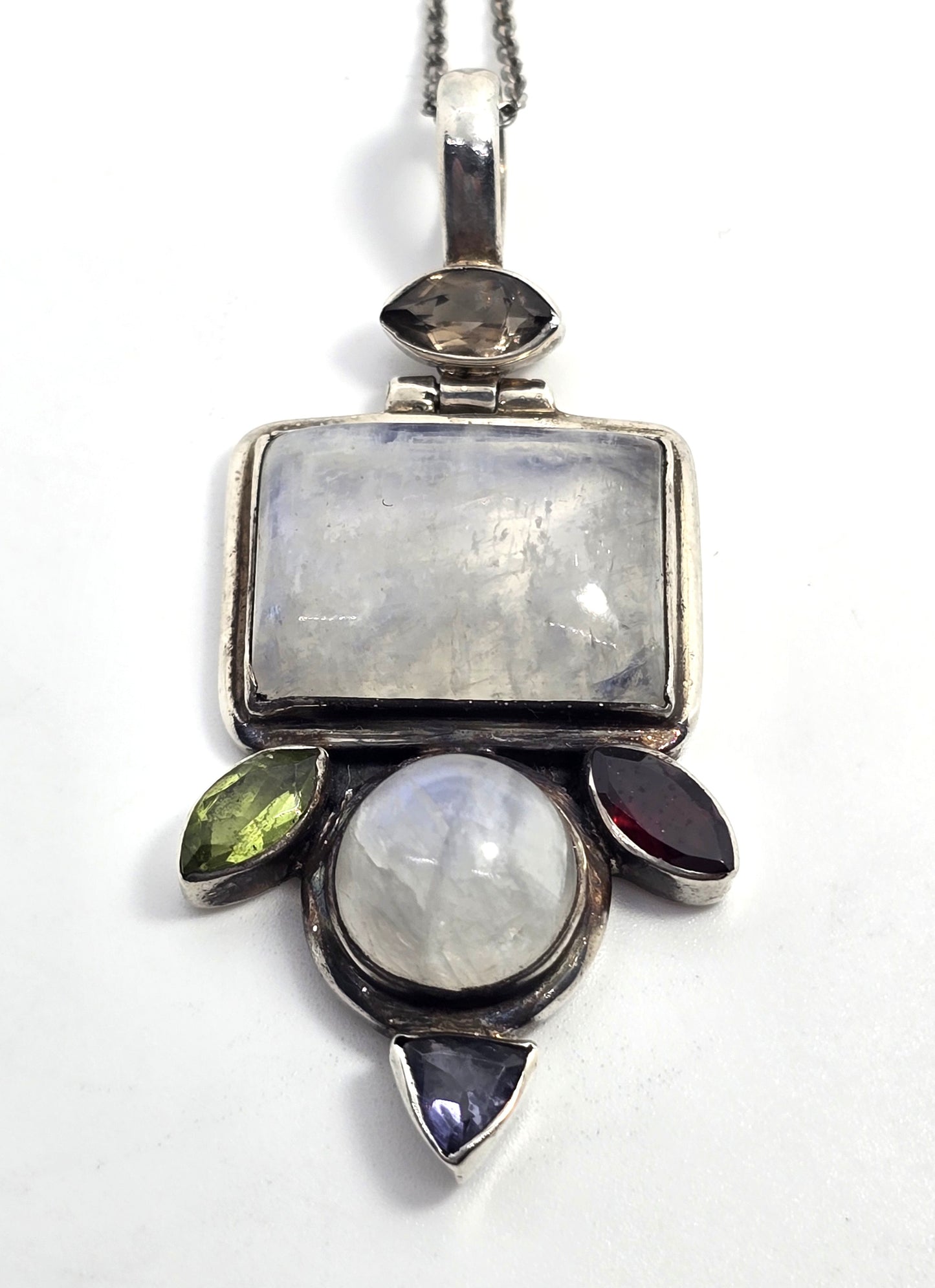 Blue Moonstone iolite peridot garnet quartz gemstone pendant sterling silver necklace